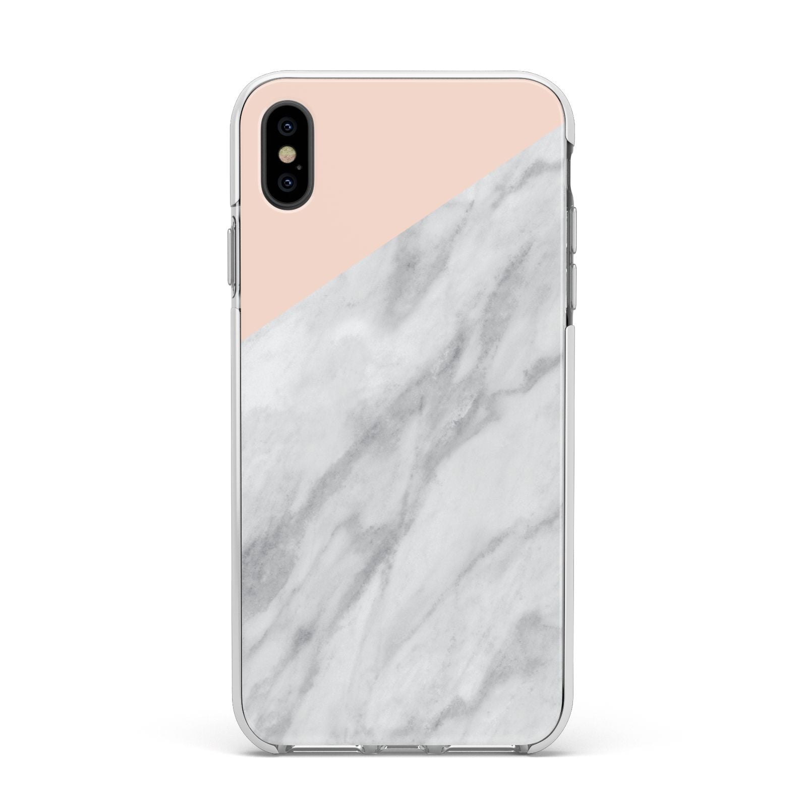 Marble Pink White Grey Apple iPhone Xs Max Impact Case White Edge on Black Phone