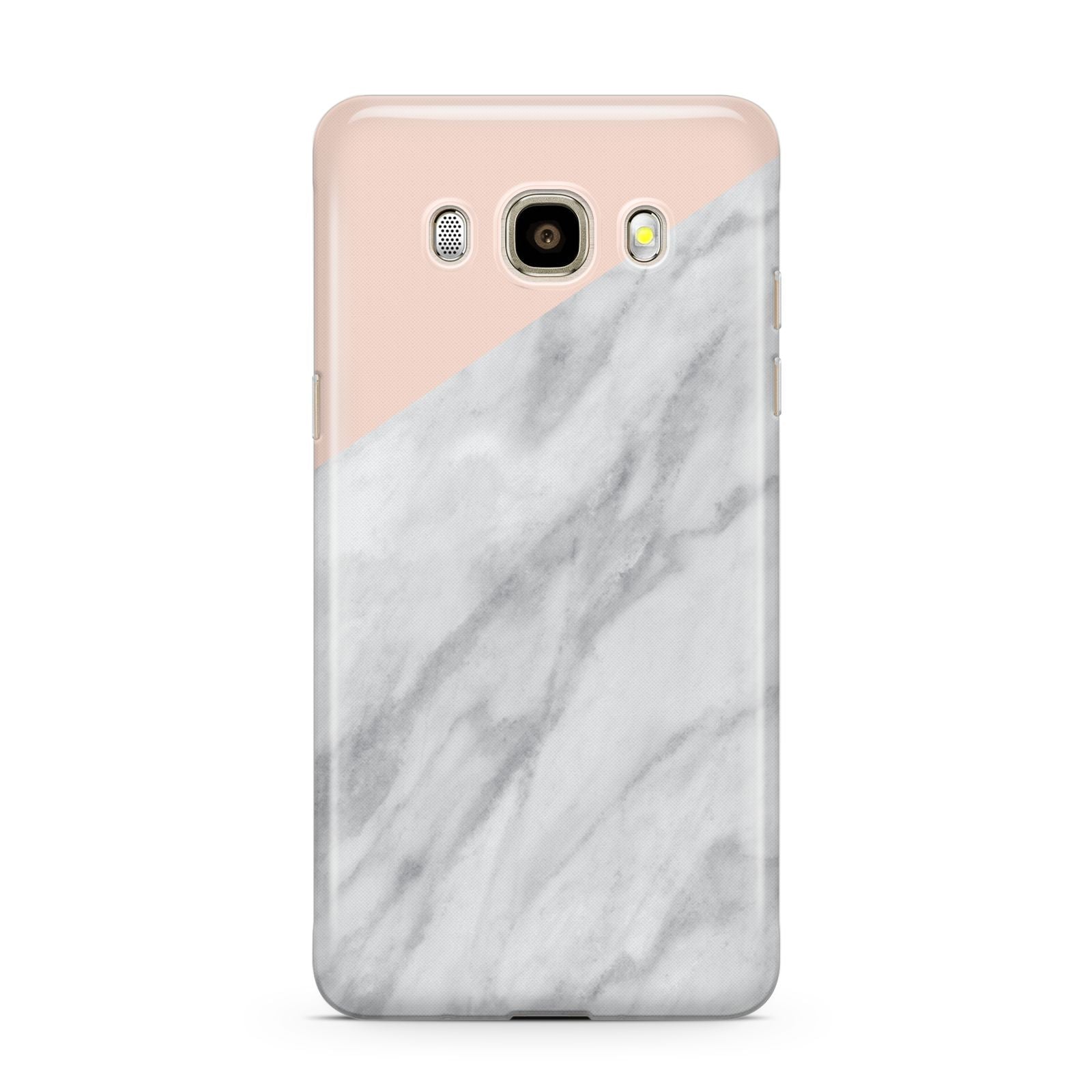 Marble Pink White Grey Samsung Galaxy J7 2016 Case on gold phone