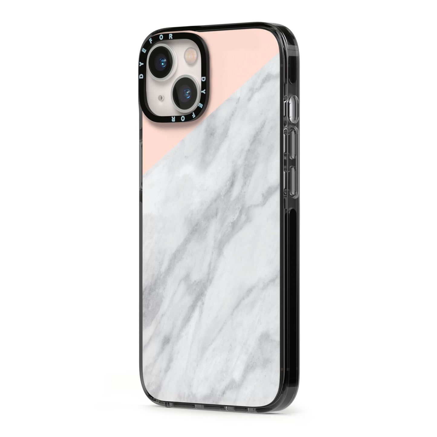 Marble Pink White Grey iPhone 13 Black Impact Case Side Angle on Silver phone