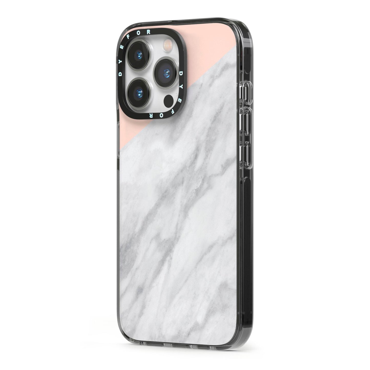 Marble Pink White Grey iPhone 13 Pro Black Impact Case Side Angle on Silver phone