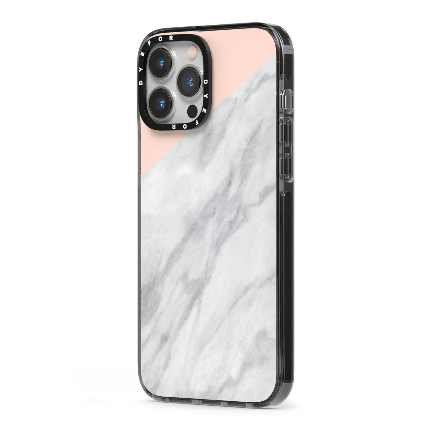 Marble Pink White Grey iPhone 13 Pro Max Black Impact Case Side Angle on Silver phone