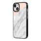 Marble Pink White Grey iPhone 14 Black Impact Case Side Angle on Silver phone