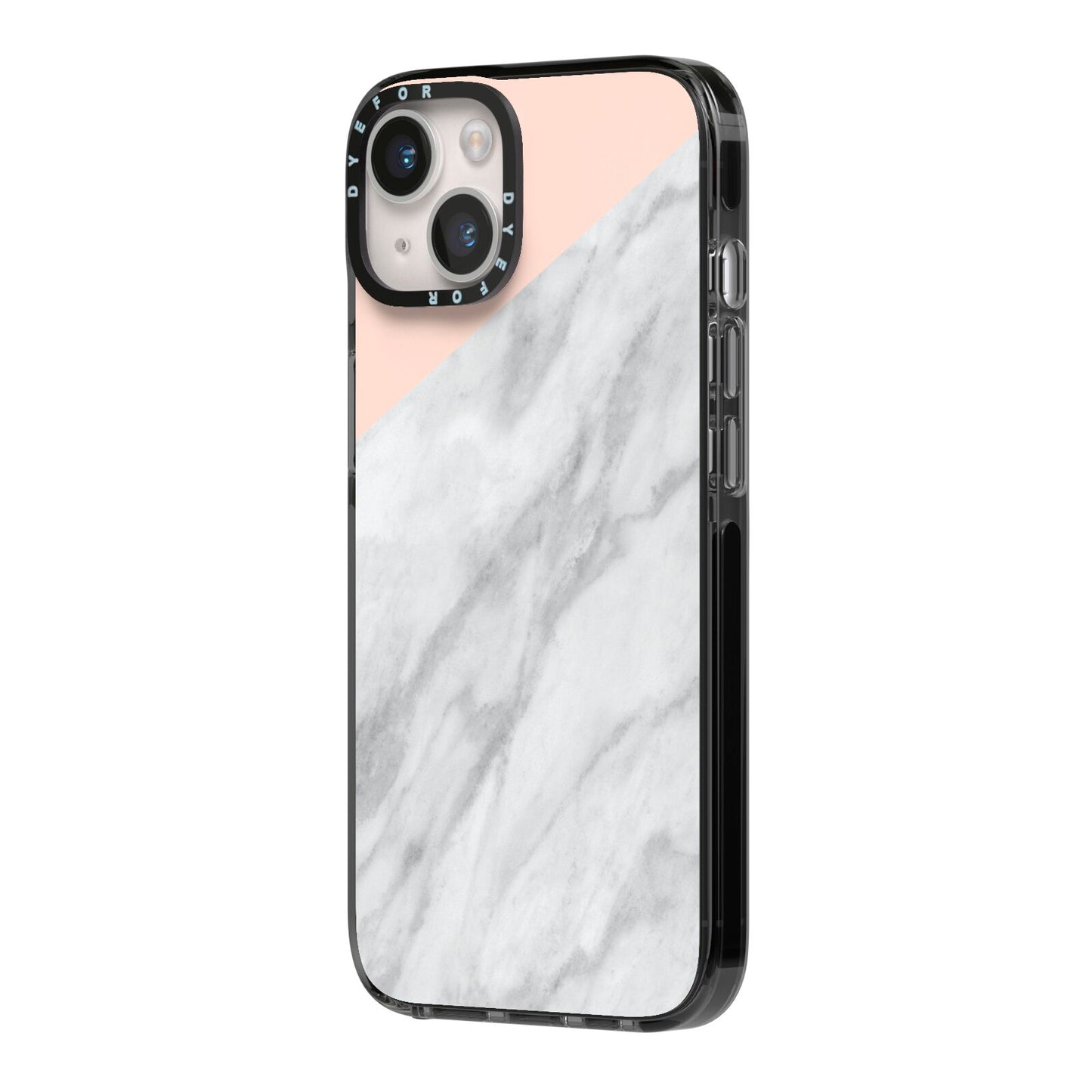 Marble Pink White Grey iPhone 14 Black Impact Case Side Angle on Silver phone