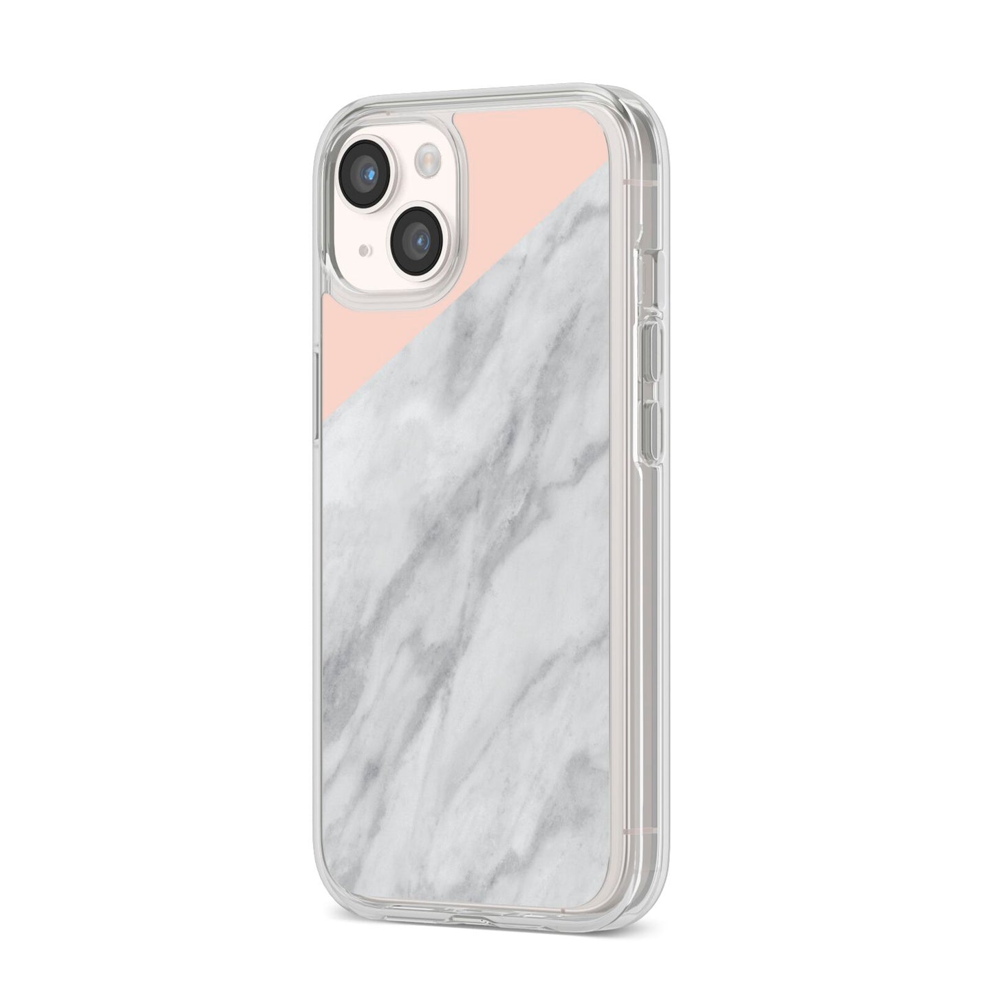 Marble Pink White Grey iPhone 14 Clear Tough Case Starlight Angled Image