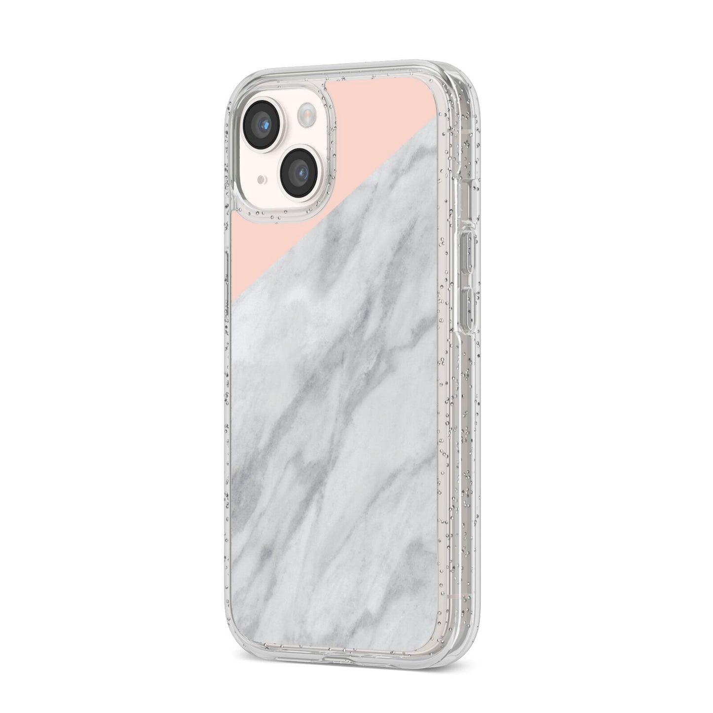 Marble Pink White Grey iPhone 14 Glitter Tough Case Starlight Angled Image