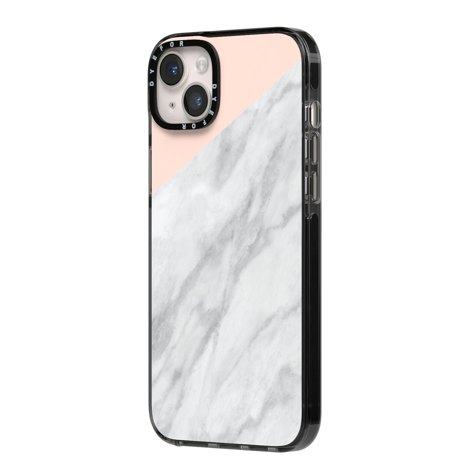 Marble Pink White Grey iPhone 14 Plus Black Impact Case Side Angle on Silver phone