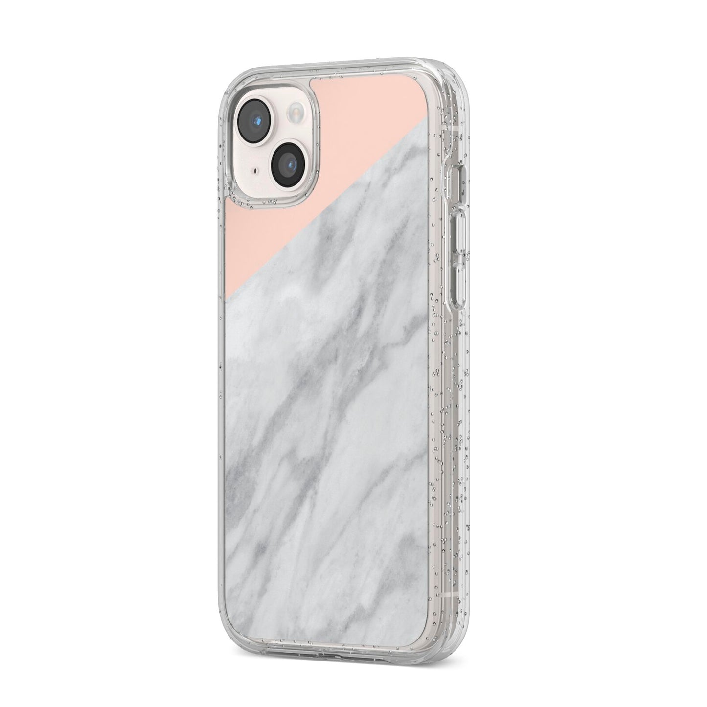 Marble Pink White Grey iPhone 14 Plus Glitter Tough Case Starlight Angled Image