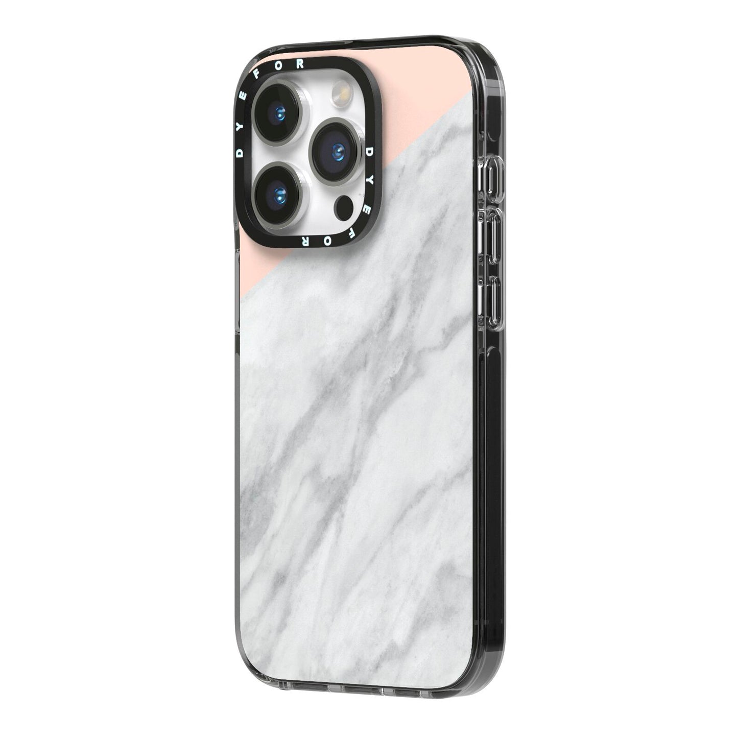 Marble Pink White Grey iPhone 14 Pro Black Impact Case Side Angle on Silver phone