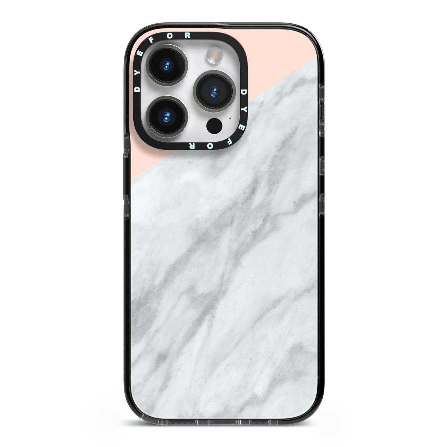 Marble Pink White Grey iPhone 14 Pro Black Impact Case on Silver phone