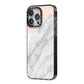 Marble Pink White Grey iPhone 14 Pro Max Black Impact Case Side Angle on Silver phone