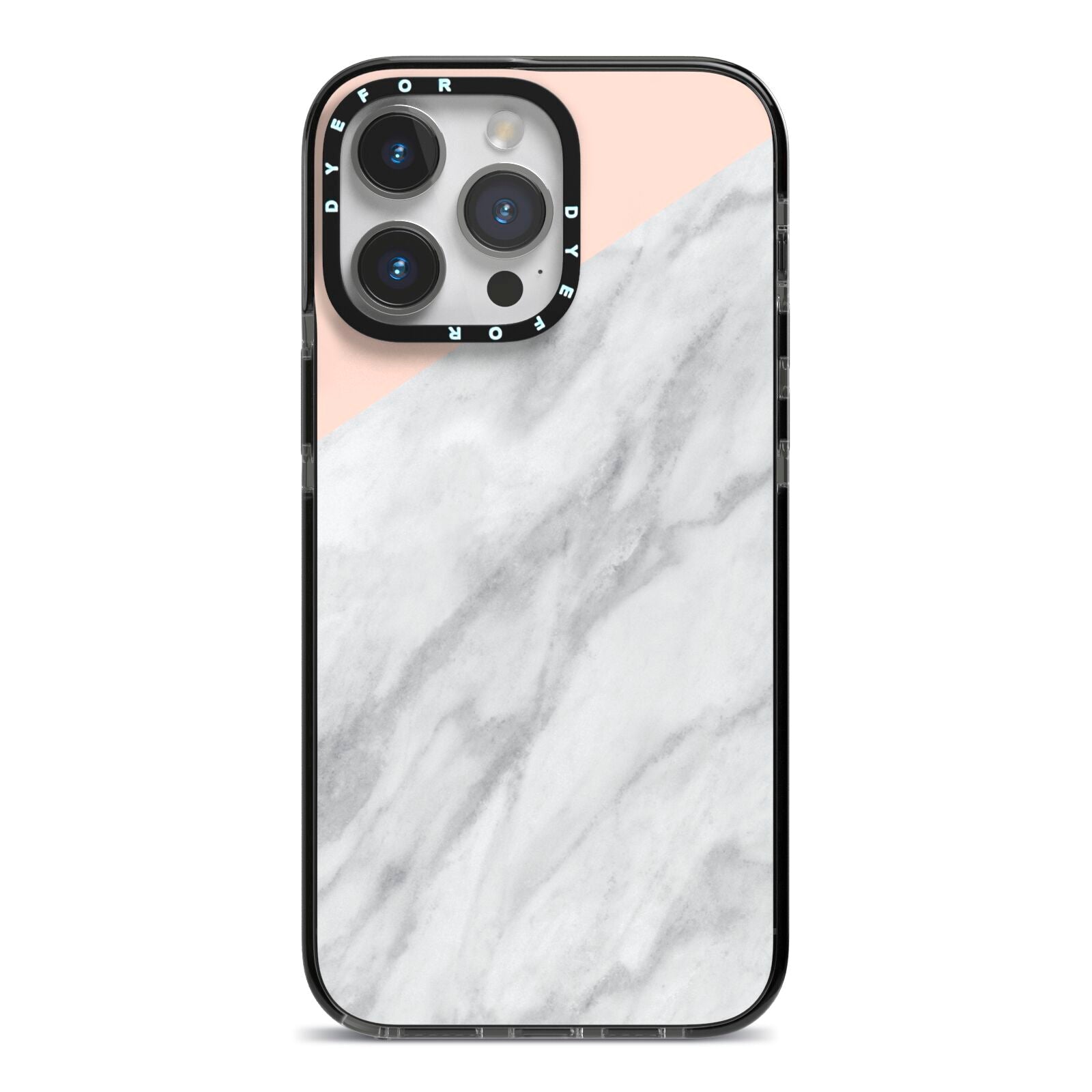 Marble Pink White Grey iPhone 14 Pro Max Black Impact Case on Silver phone