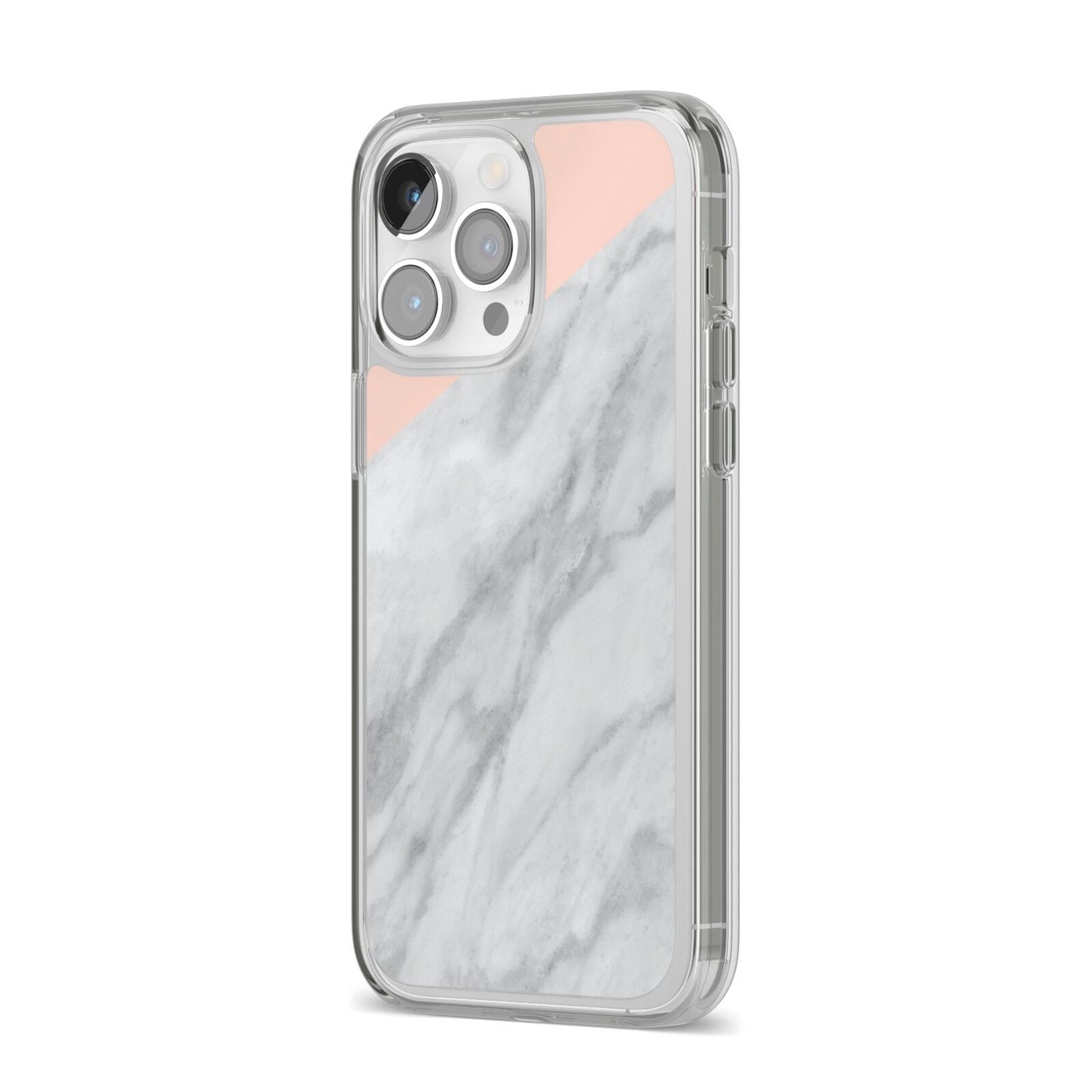 Marble Pink White Grey iPhone 14 Pro Max Clear Tough Case Silver Angled Image