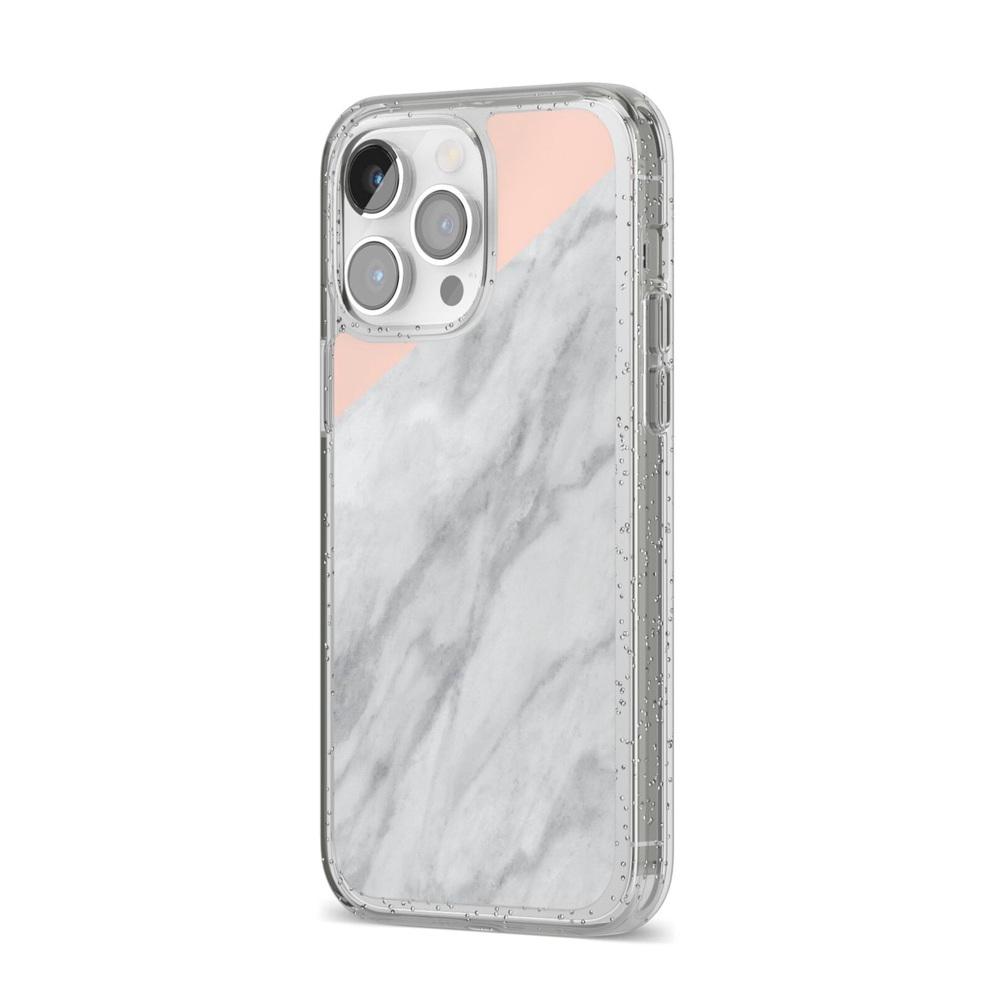 Marble Pink White Grey iPhone 14 Pro Max Glitter Tough Case Silver Angled Image
