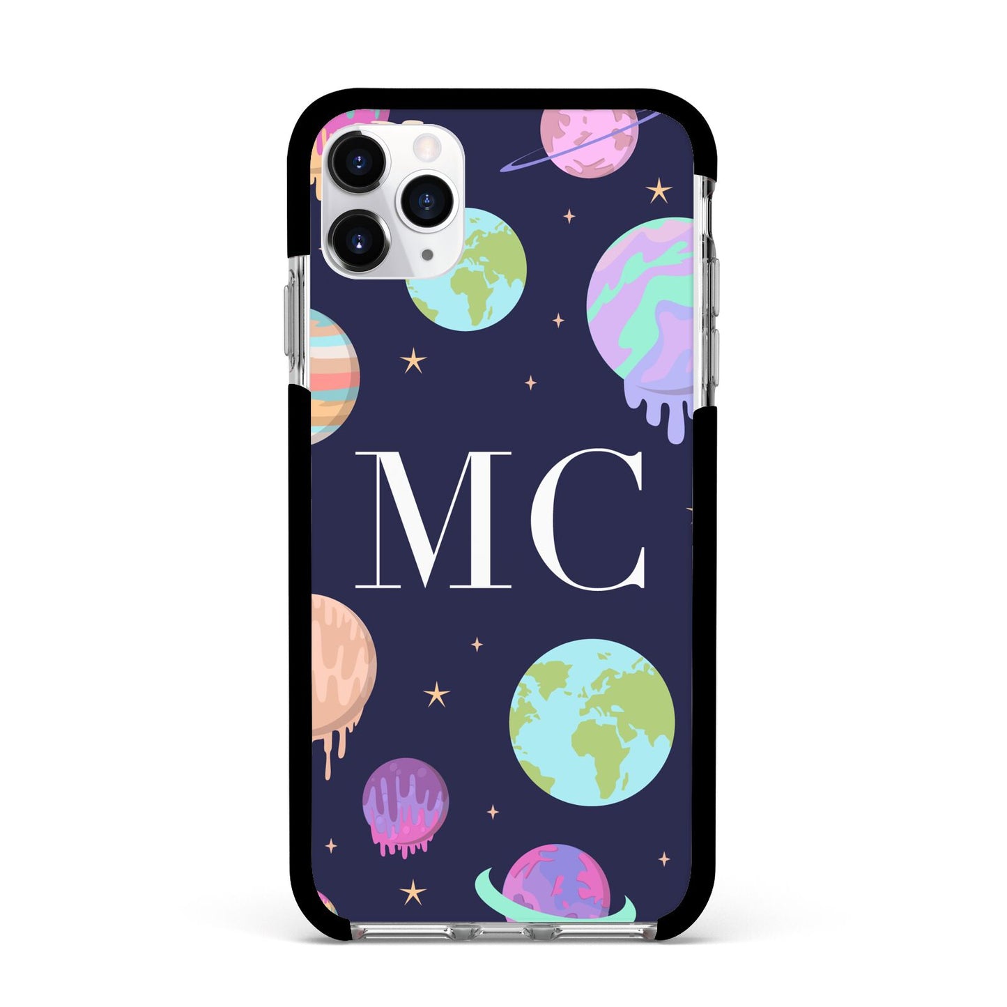 Marble Planets Personalised Initials Apple iPhone 11 Pro Max in Silver with Black Impact Case