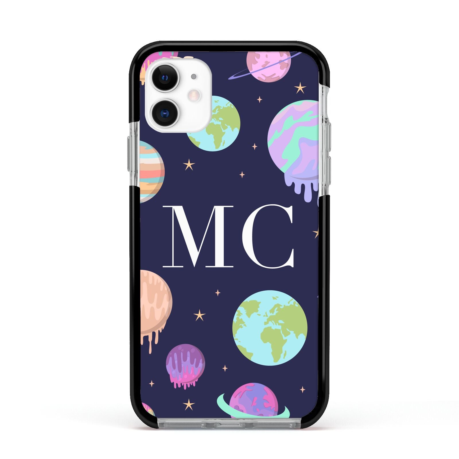 Marble Planets Personalised Initials Apple iPhone 11 in White with Black Impact Case