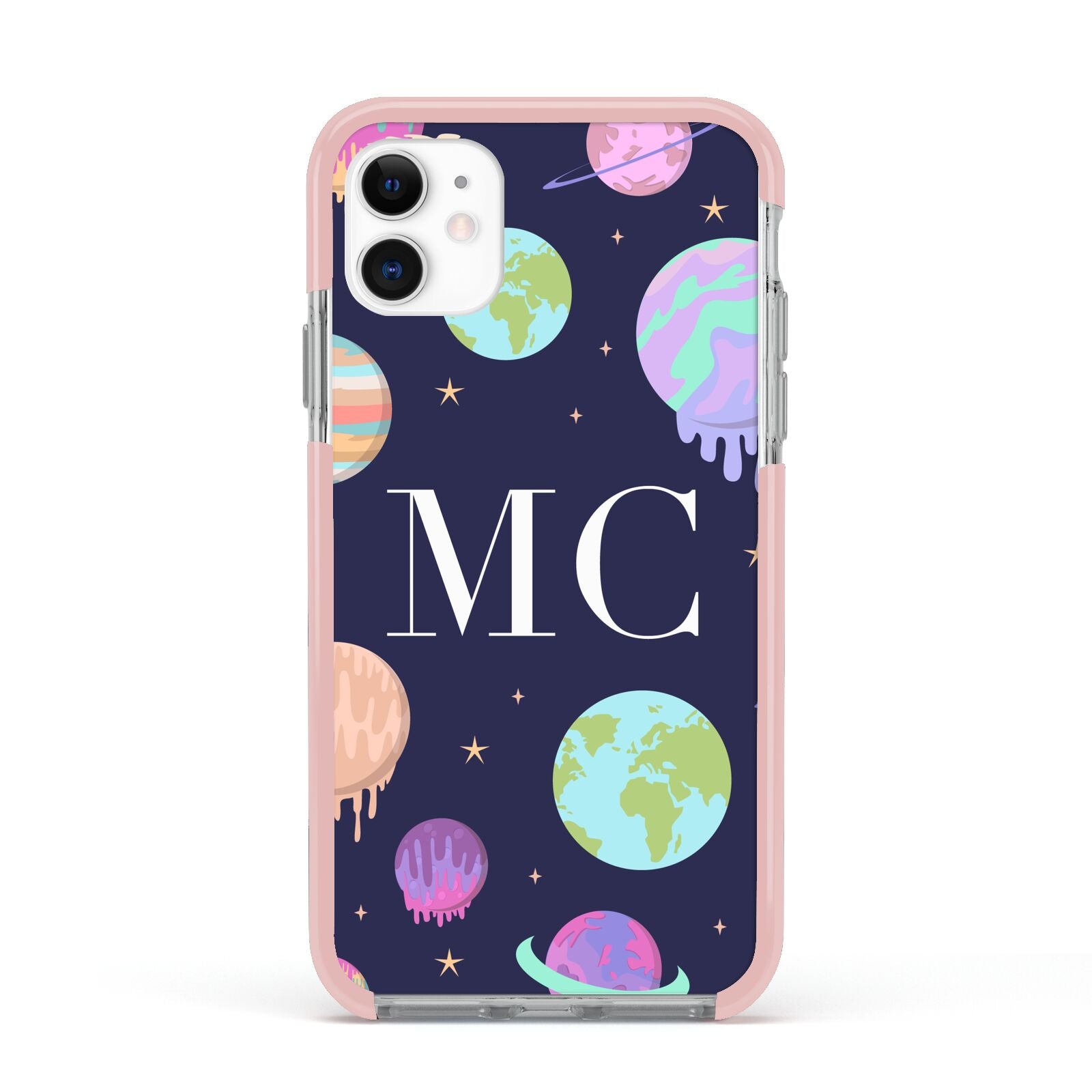 Marble Planets Personalised Initials Apple iPhone 11 in White with Pink Impact Case
