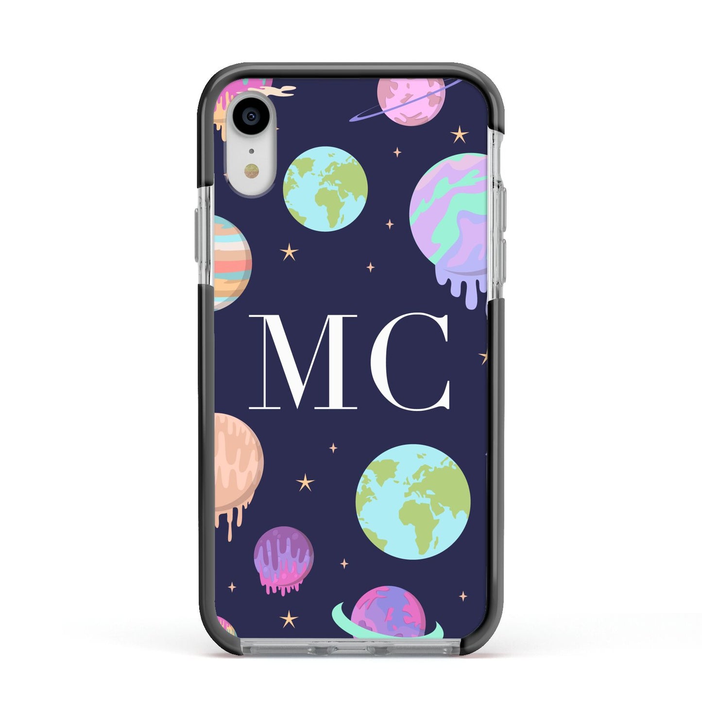 Marble Planets Personalised Initials Apple iPhone XR Impact Case Black Edge on Silver Phone