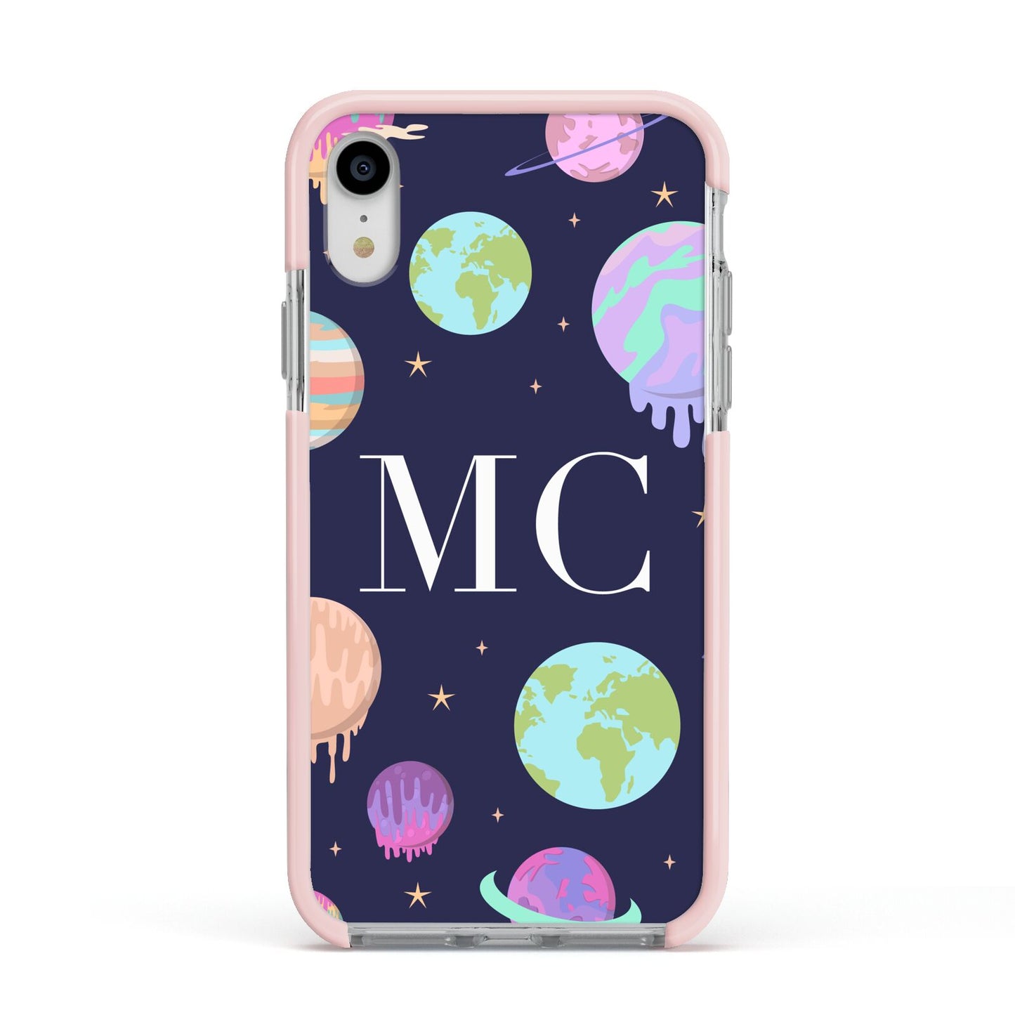 Marble Planets Personalised Initials Apple iPhone XR Impact Case Pink Edge on Silver Phone