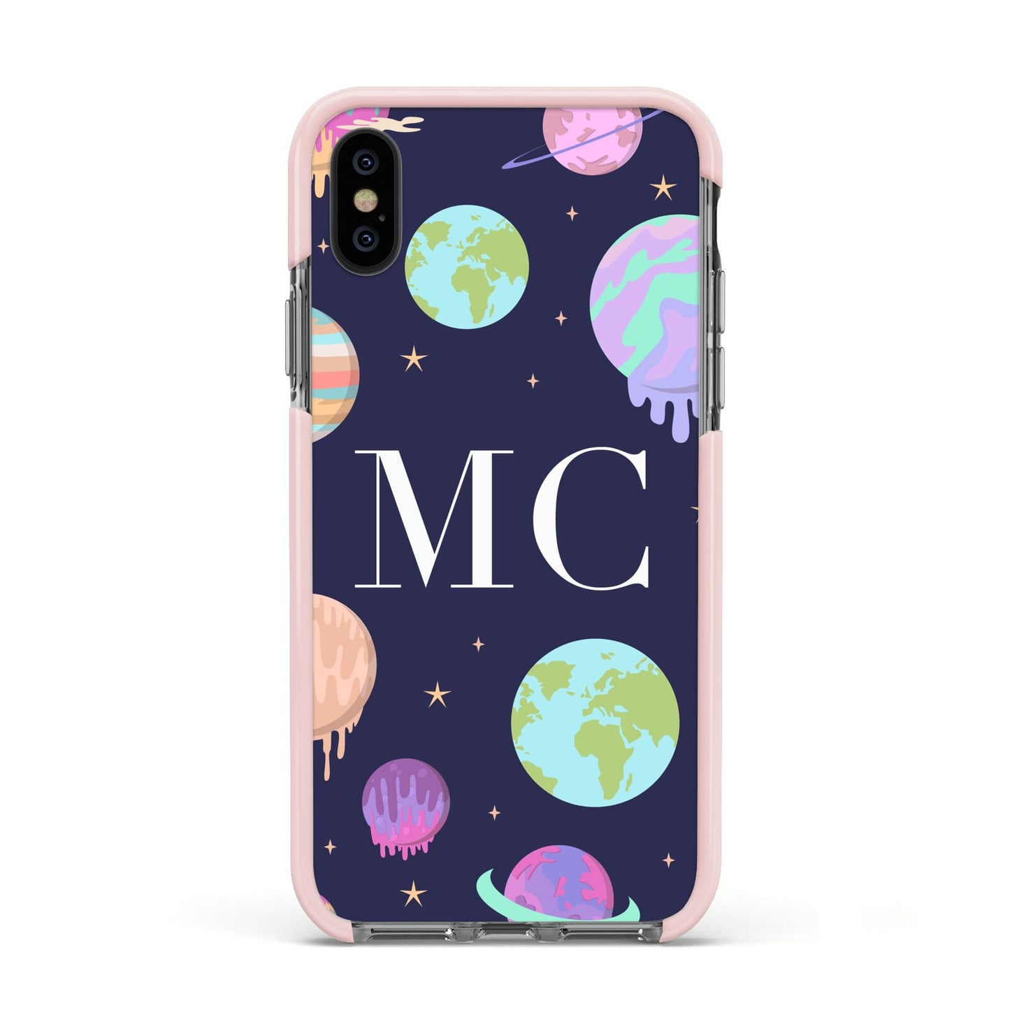 Marble Planets Personalised Initials Apple iPhone Xs Impact Case Pink Edge on Black Phone