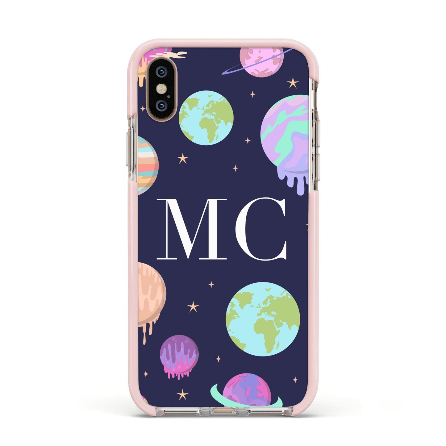 Marble Planets Personalised Initials Apple iPhone Xs Impact Case Pink Edge on Gold Phone