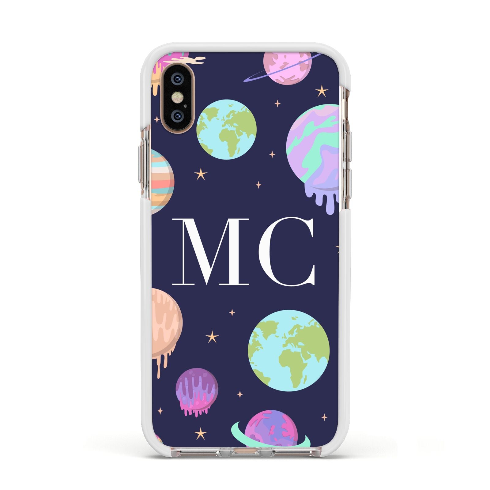 Marble Planets Personalised Initials Apple iPhone Xs Impact Case White Edge on Gold Phone