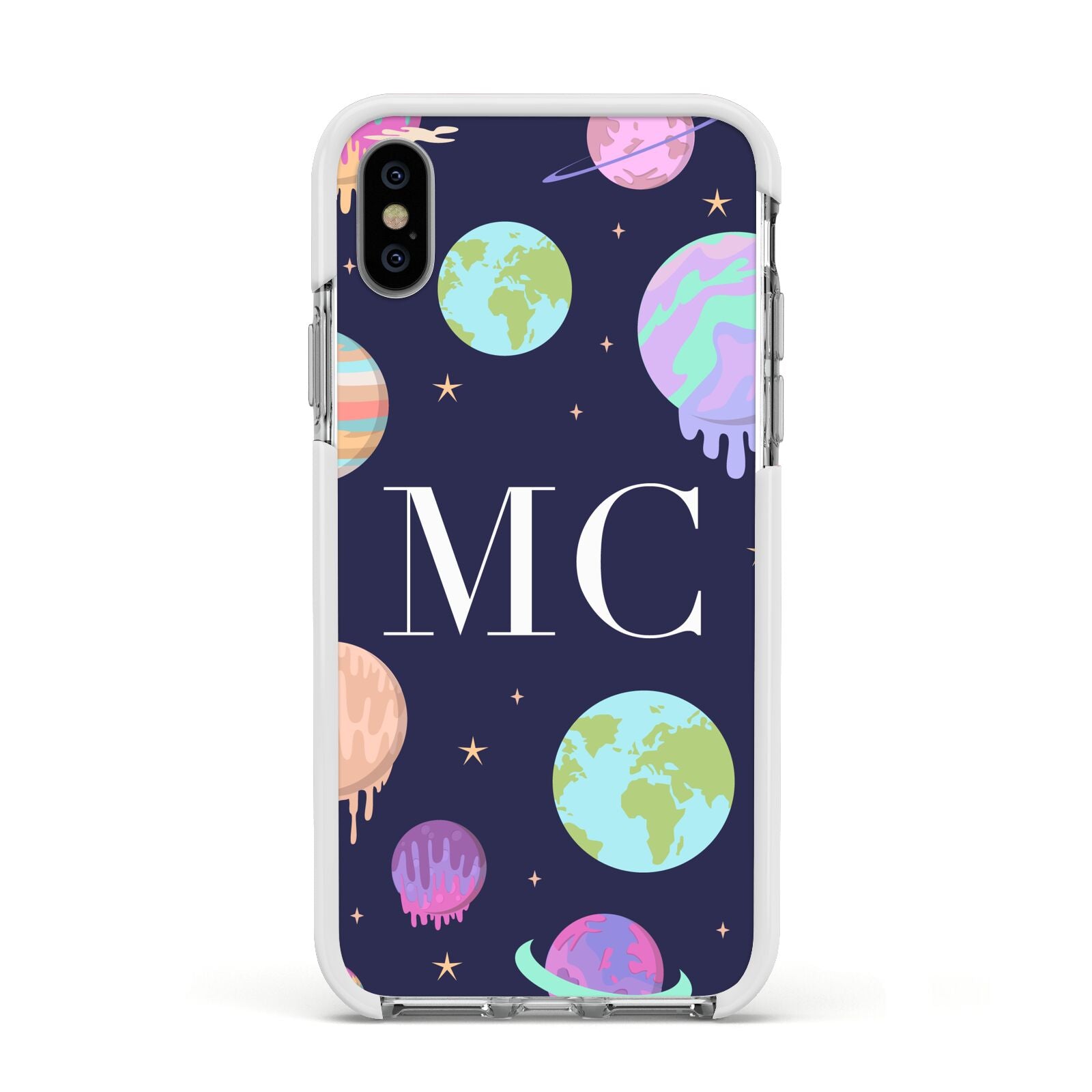 Marble Planets Personalised Initials Apple iPhone Xs Impact Case White Edge on Silver Phone