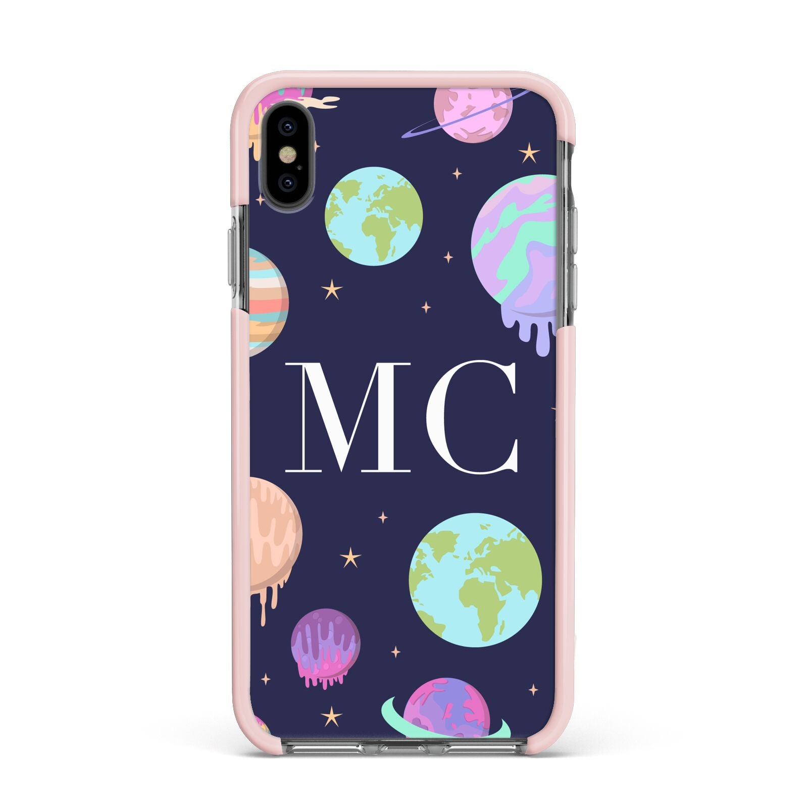 Marble Planets Personalised Initials Apple iPhone Xs Max Impact Case Pink Edge on Black Phone