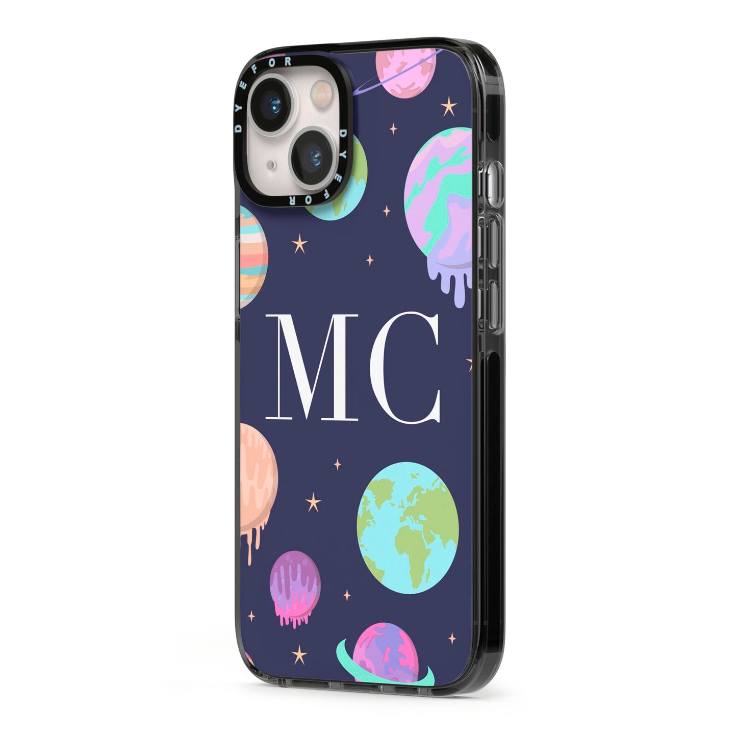 Marble Planets Personalised Initials iPhone 13 Black Impact Case Side Angle on Silver phone