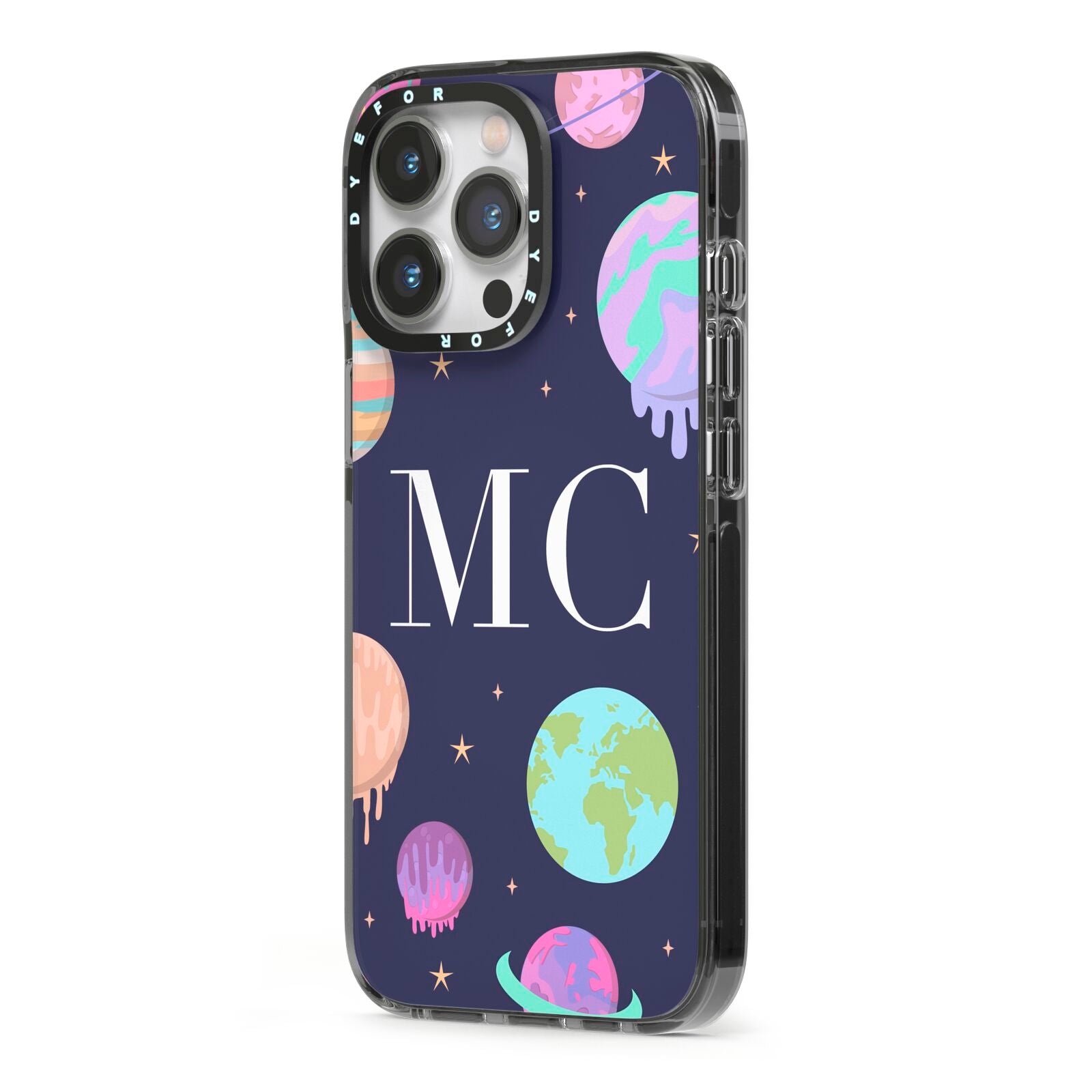 Marble Planets Personalised Initials iPhone 13 Pro Black Impact Case Side Angle on Silver phone