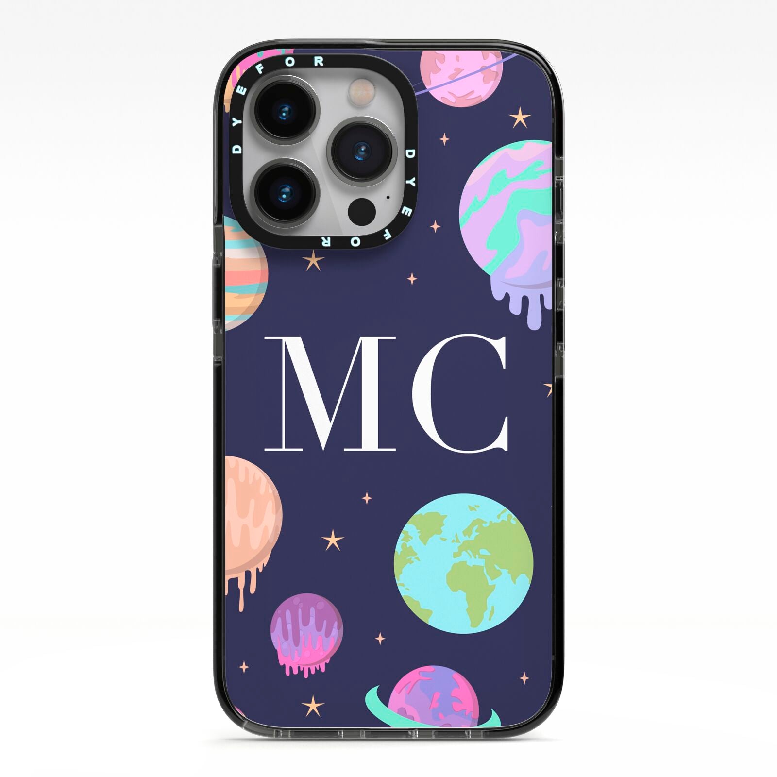 Marble Planets Personalised Initials iPhone 13 Pro Black Impact Case on Silver phone