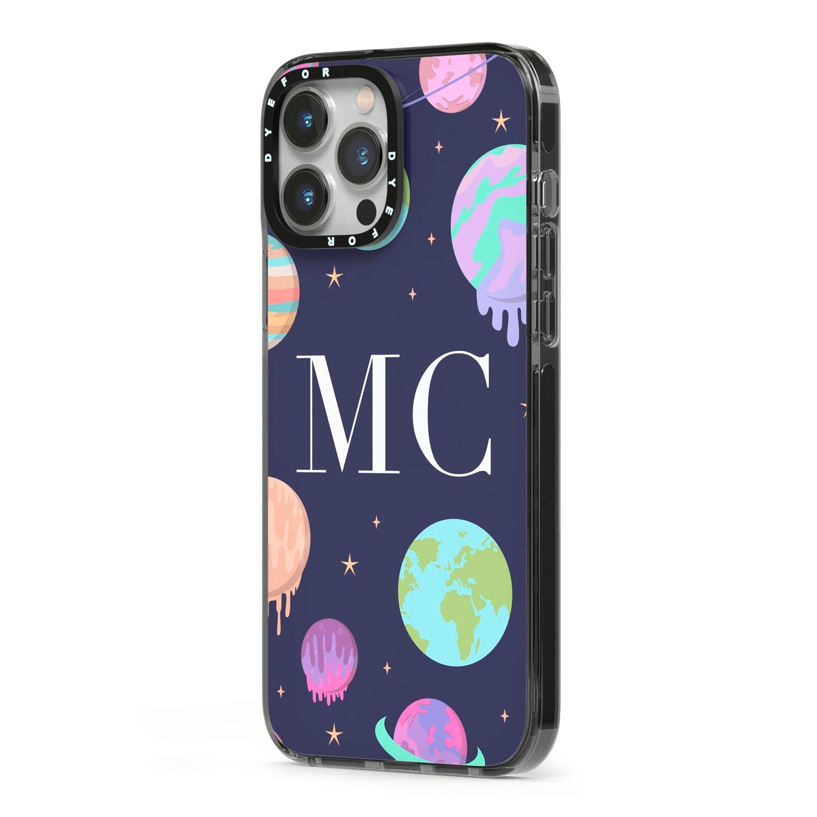 Marble Planets Personalised Initials iPhone 13 Pro Max Black Impact Case Side Angle on Silver phone