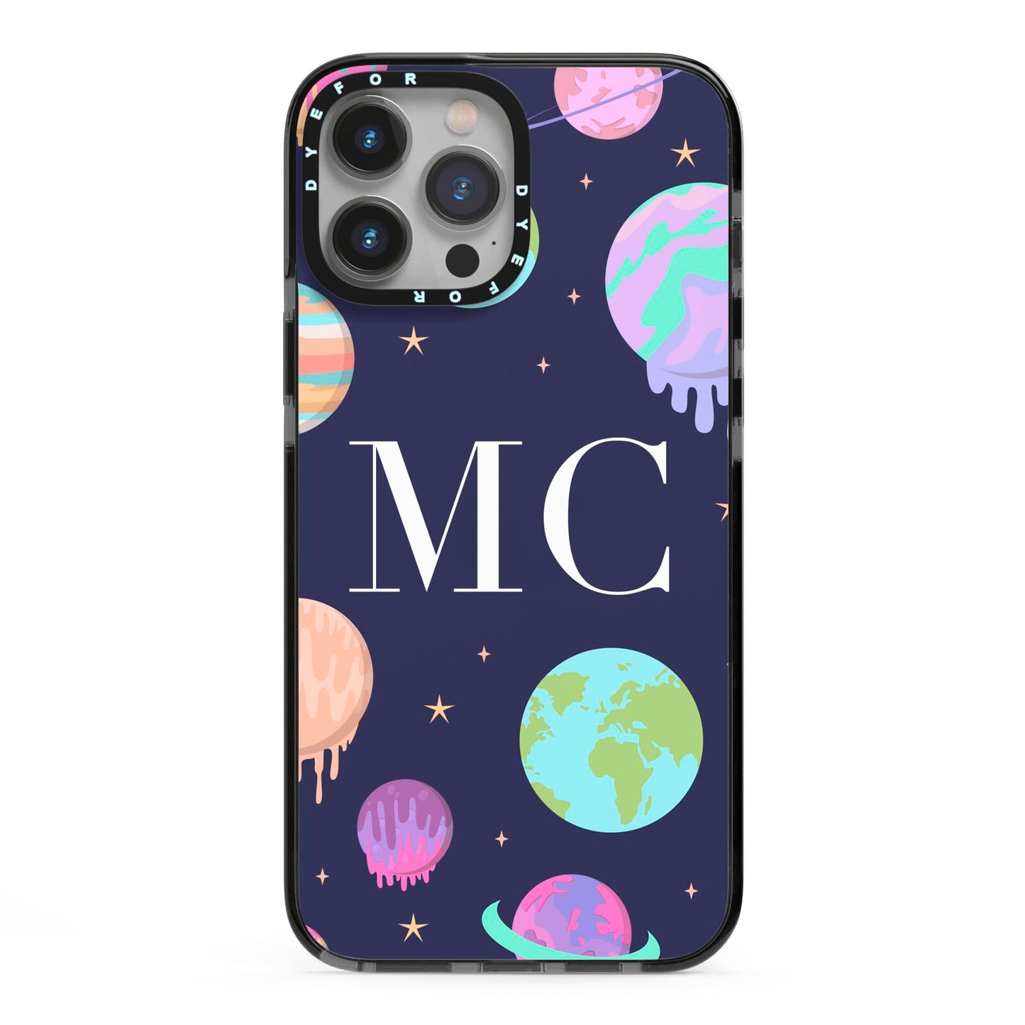 Marble Planets Personalised Initials iPhone 13 Pro Max Black Impact Case on Silver phone