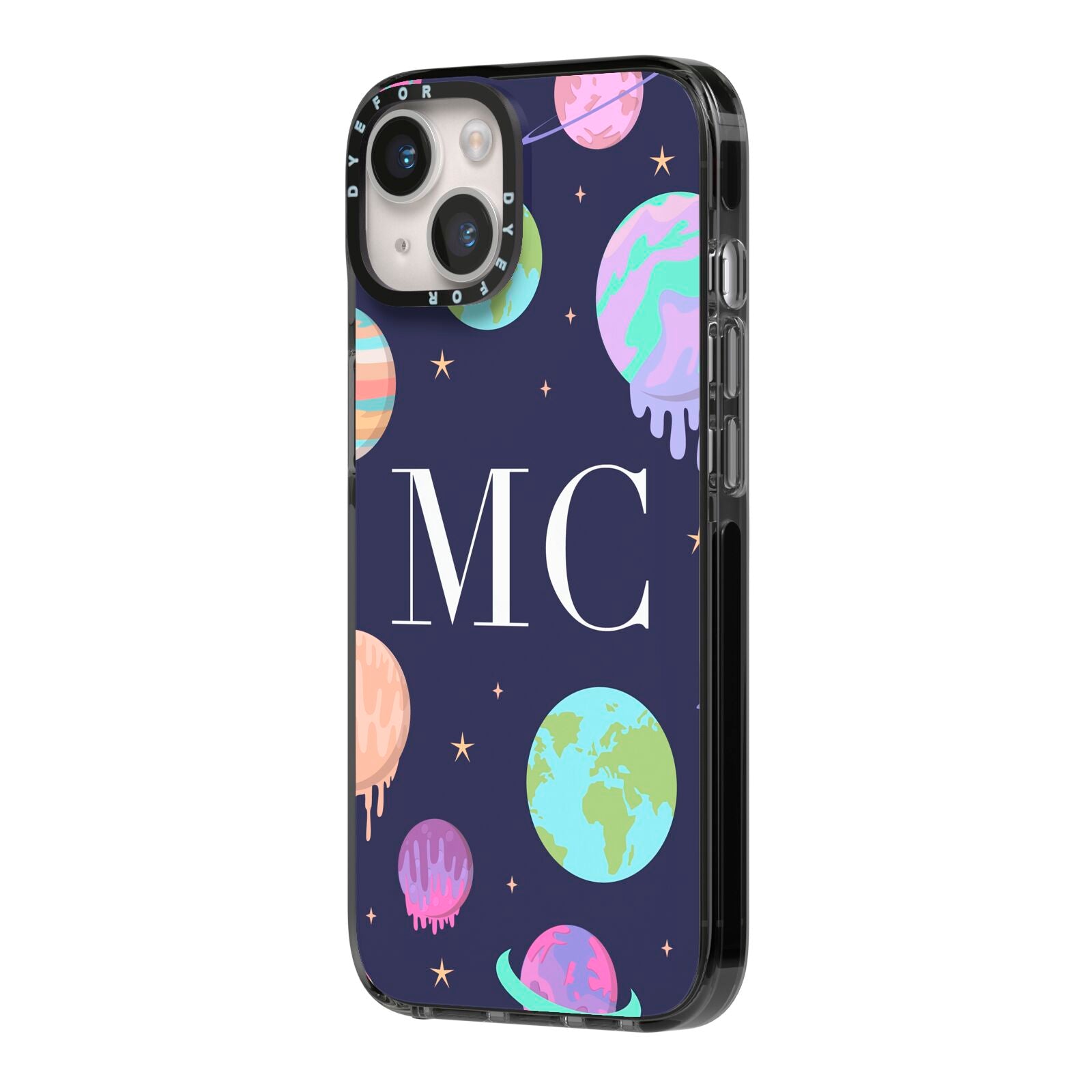 Marble Planets Personalised Initials iPhone 14 Black Impact Case Side Angle on Silver phone