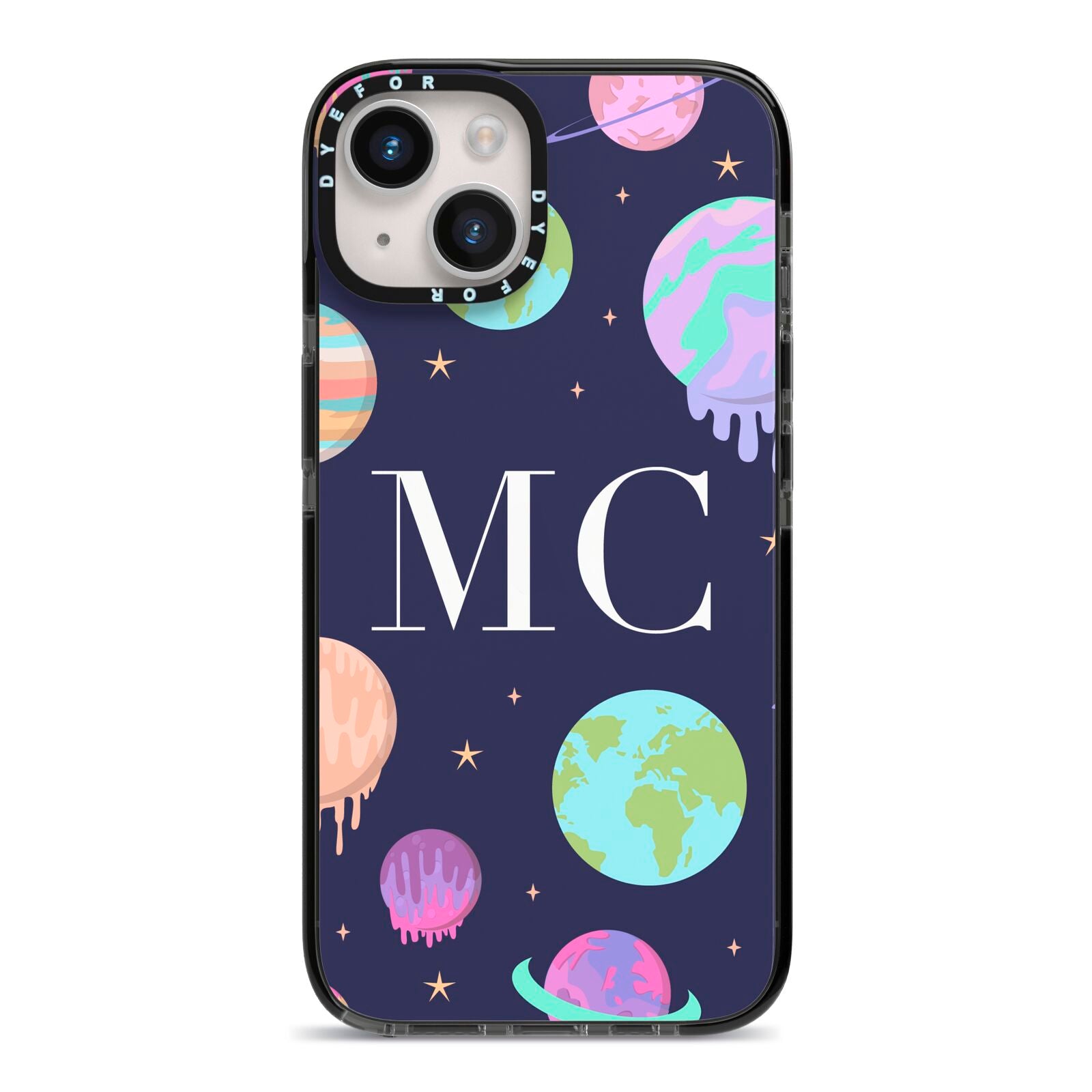 Marble Planets Personalised Initials iPhone 14 Black Impact Case on Silver phone