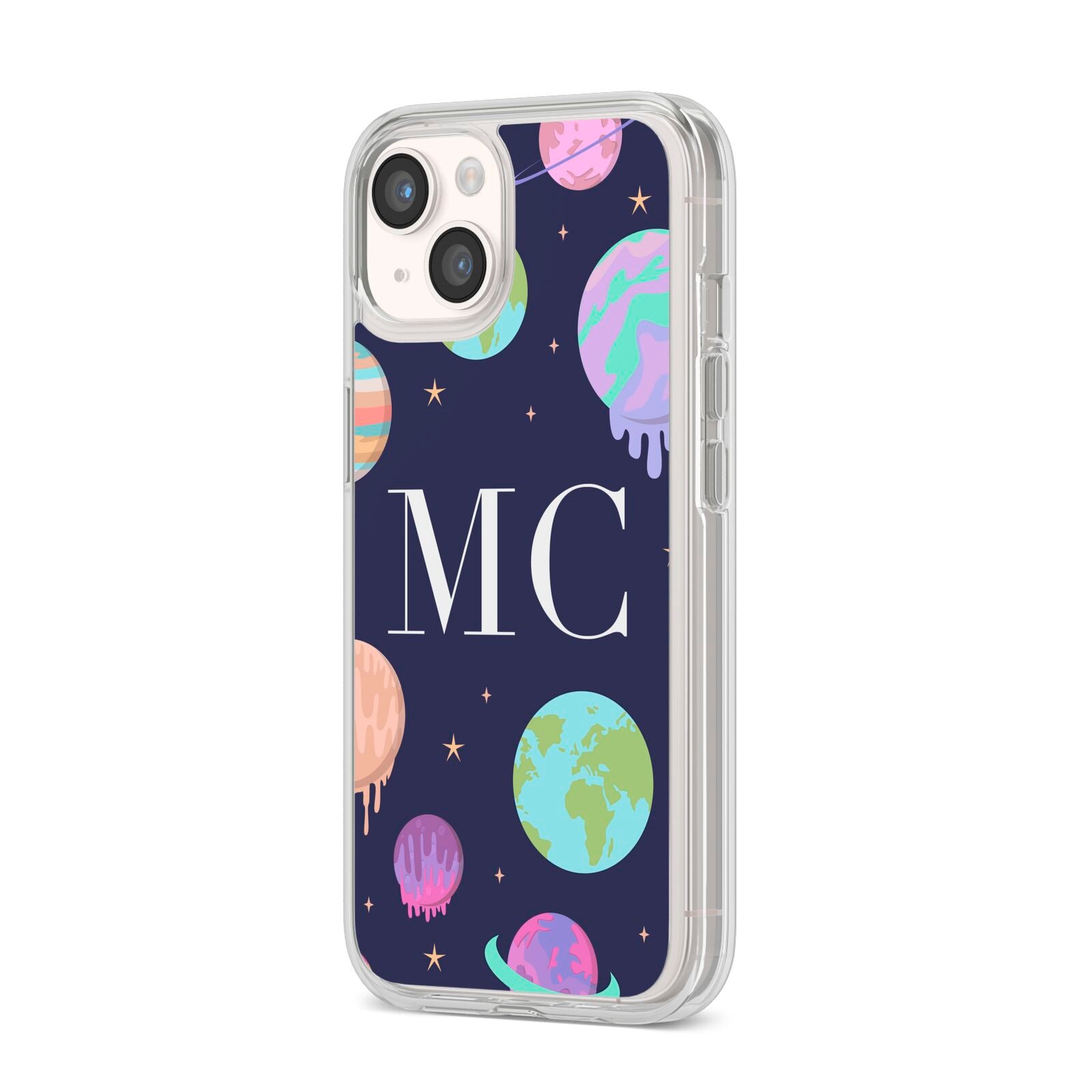 Marble Planets Personalised Initials iPhone 14 Clear Tough Case Starlight Angled Image