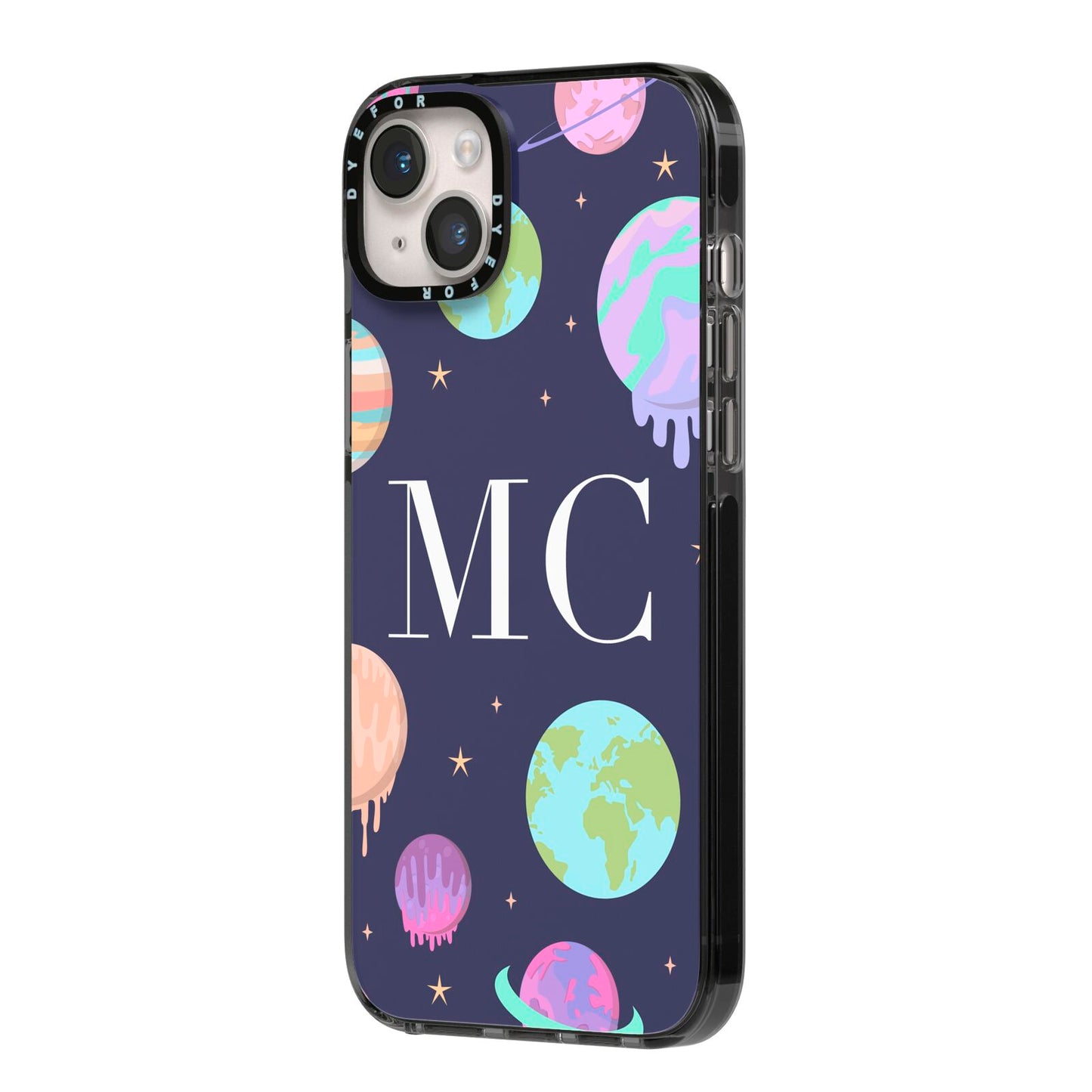 Marble Planets Personalised Initials iPhone 14 Plus Black Impact Case Side Angle on Silver phone