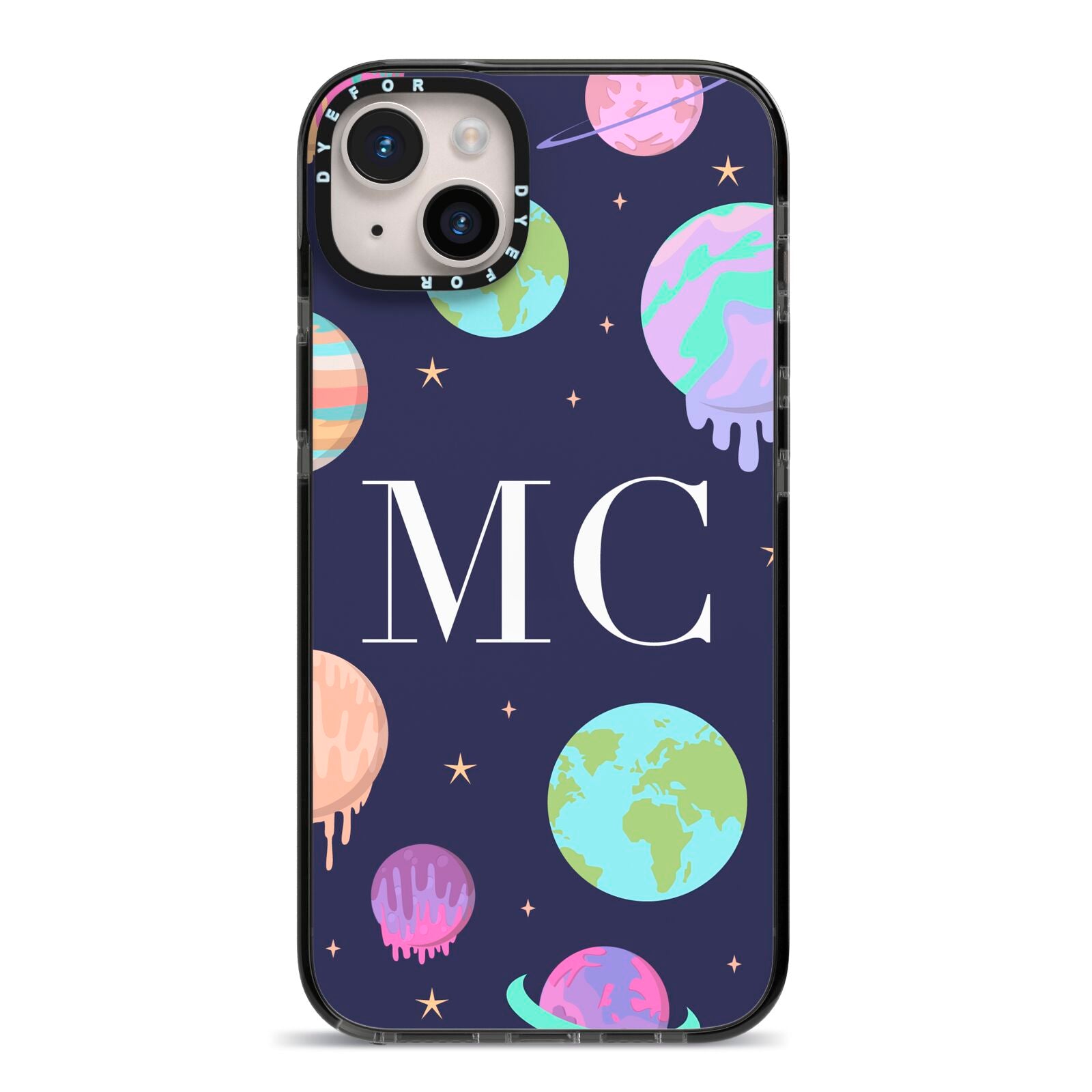 Marble Planets Personalised Initials iPhone 14 Plus Black Impact Case on Silver phone