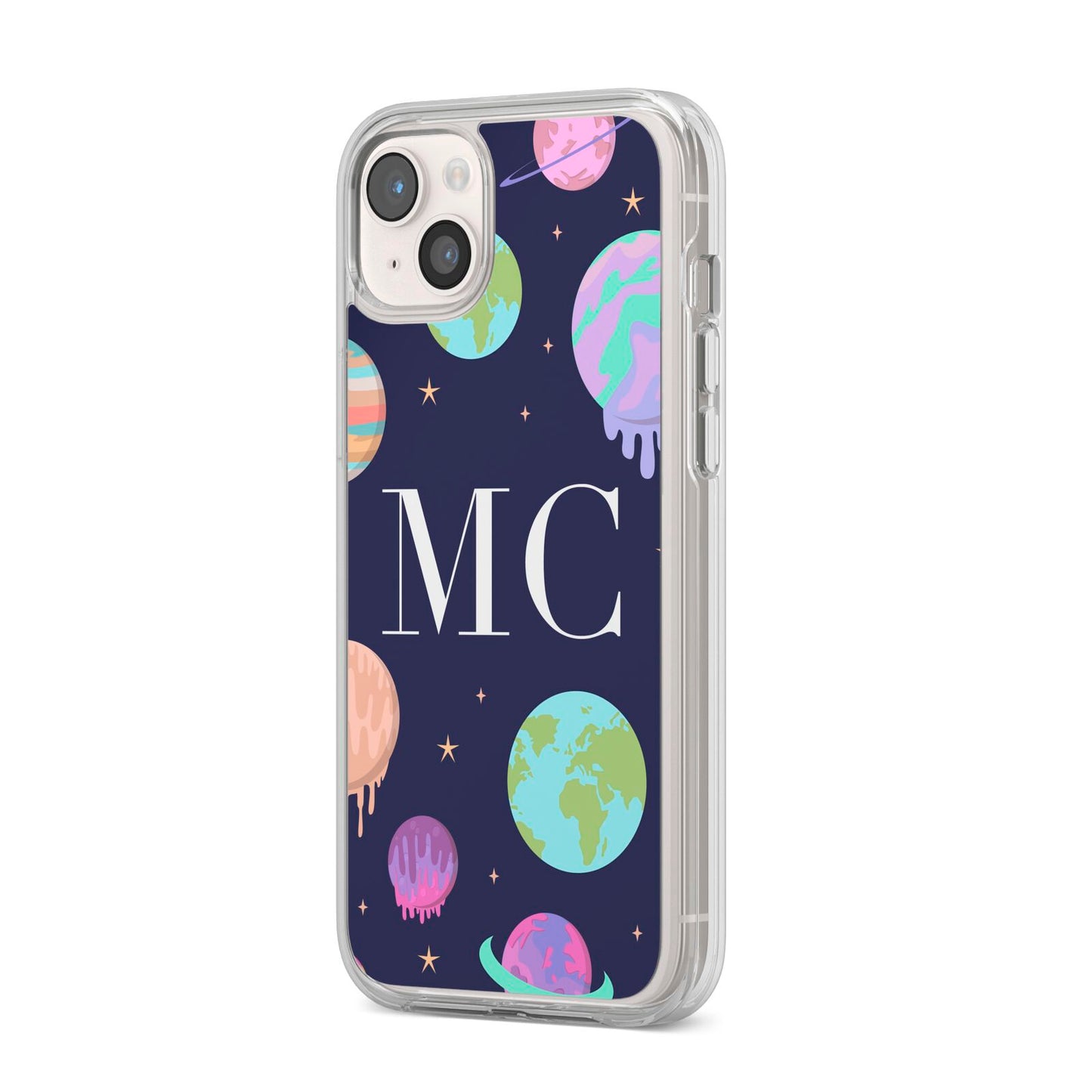 Marble Planets Personalised Initials iPhone 14 Plus Clear Tough Case Starlight Angled Image
