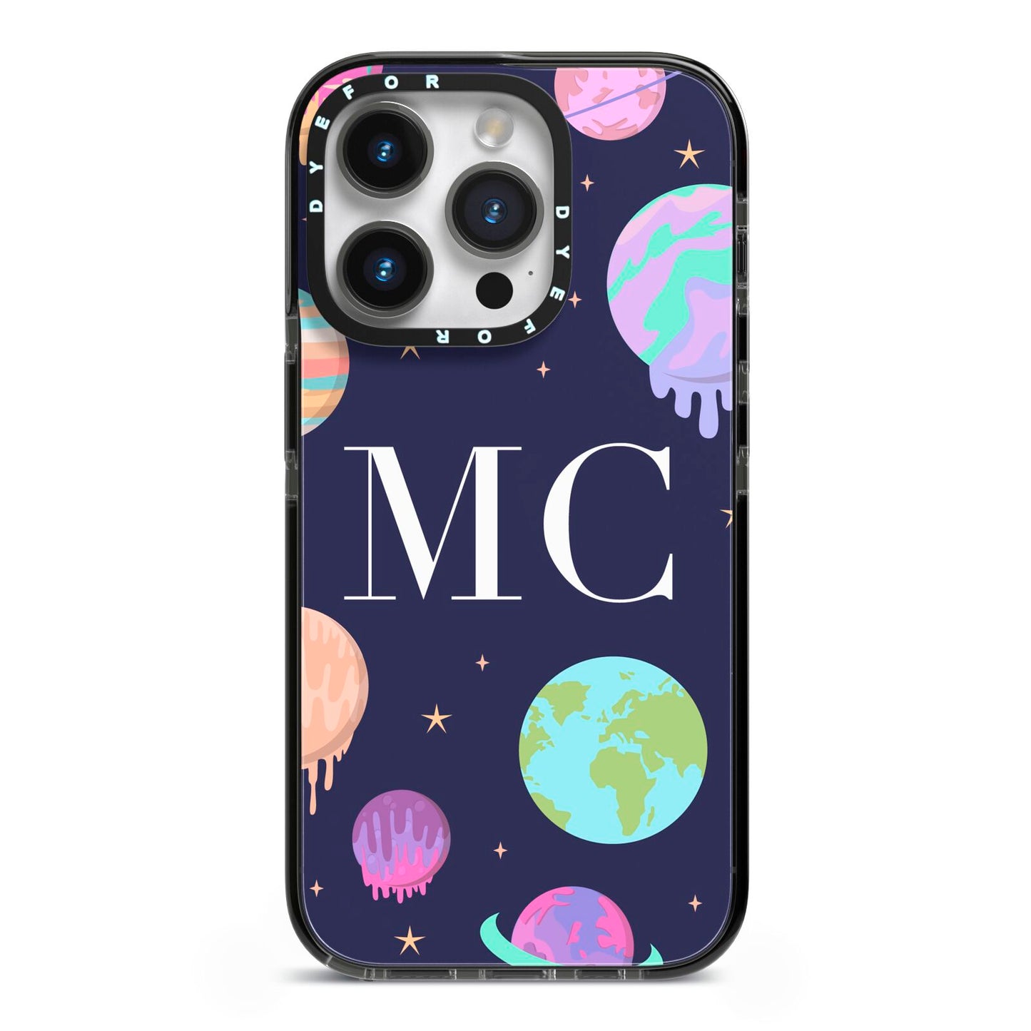 Marble Planets Personalised Initials iPhone 14 Pro Black Impact Case on Silver phone