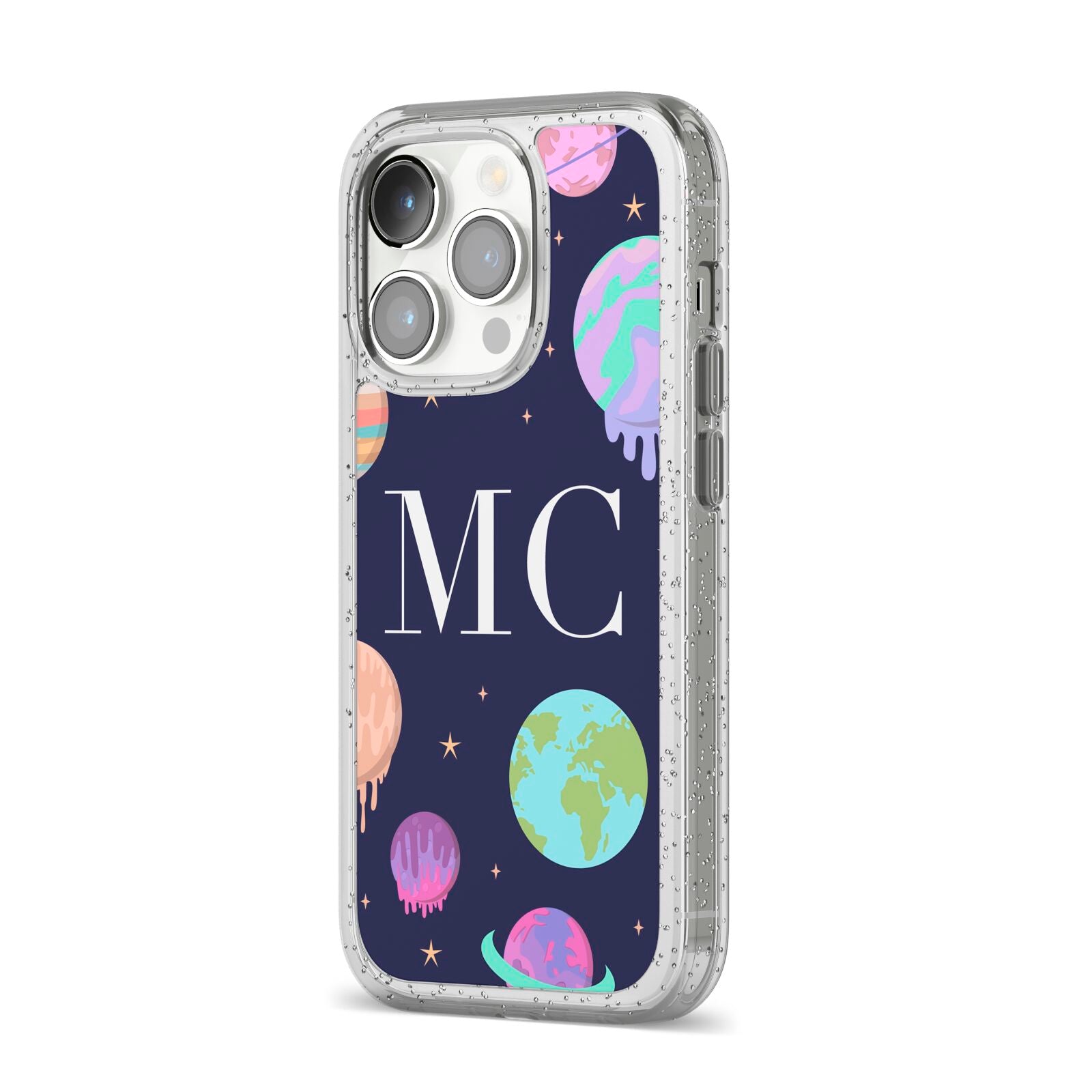 Marble Planets Personalised Initials iPhone 14 Pro Glitter Tough Case Silver Angled Image