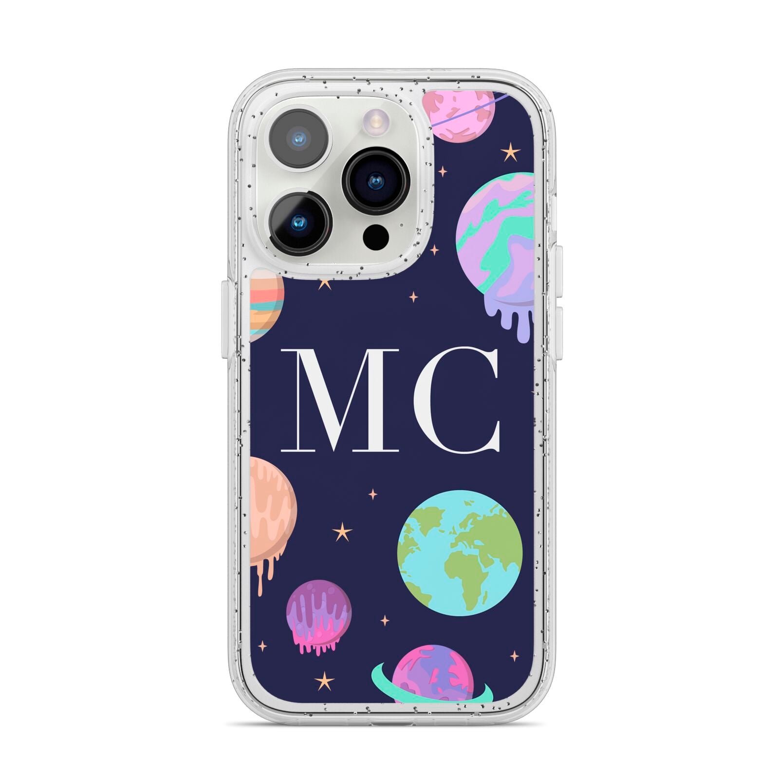 Marble Planets Personalised Initials iPhone 14 Pro Glitter Tough Case Silver