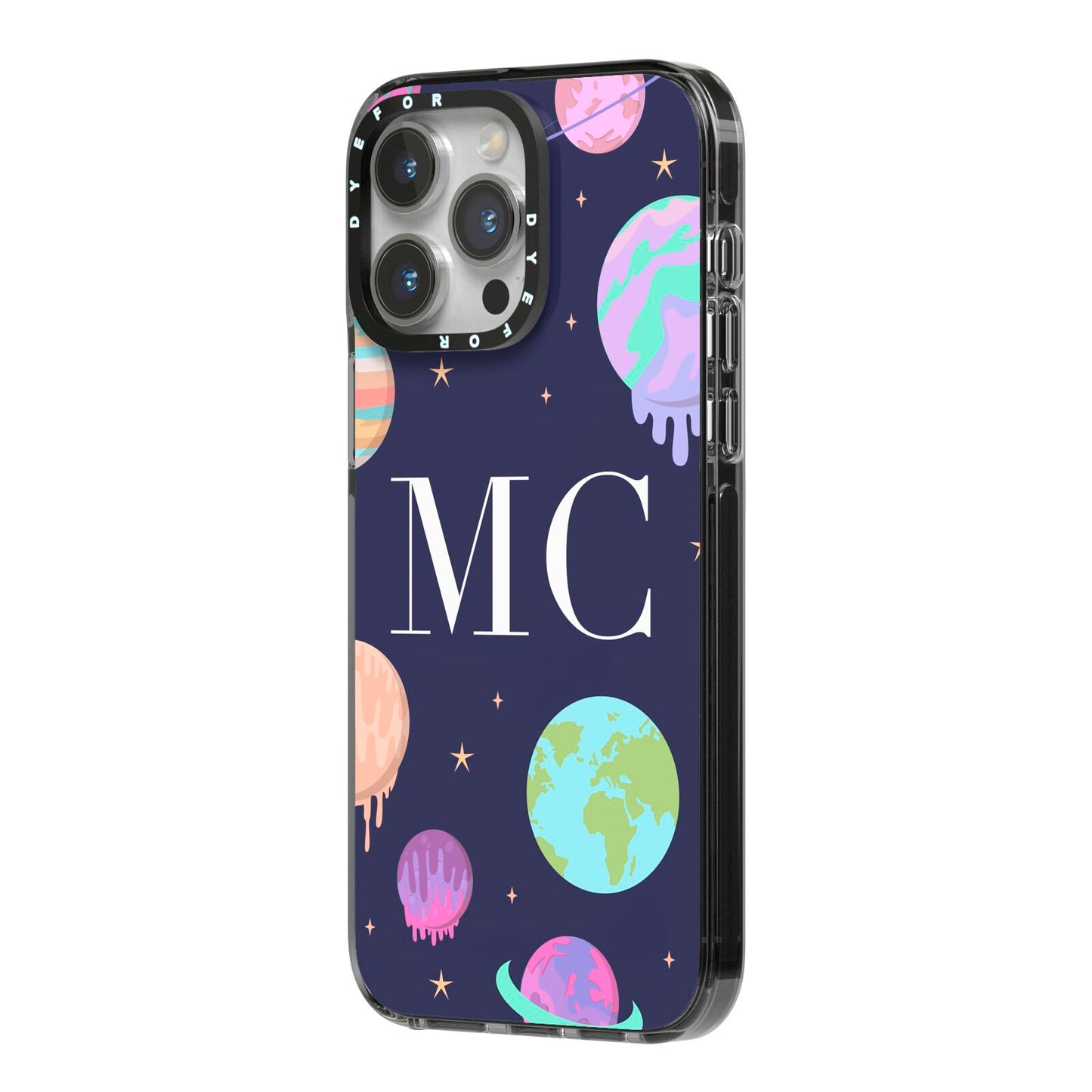 Marble Planets Personalised Initials iPhone 14 Pro Max Black Impact Case Side Angle on Silver phone