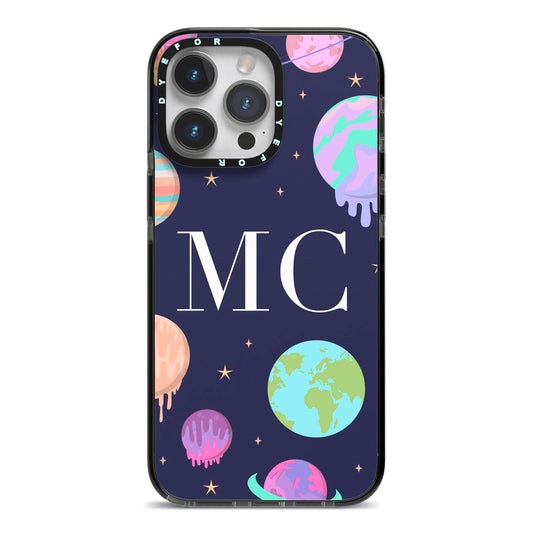 Marble Planets Personalised Initials iPhone 14 Pro Max Black Impact Case on Silver phone