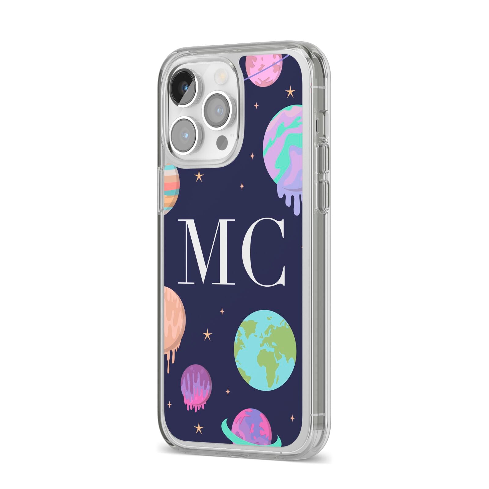 Marble Planets Personalised Initials iPhone 14 Pro Max Clear Tough Case Silver Angled Image