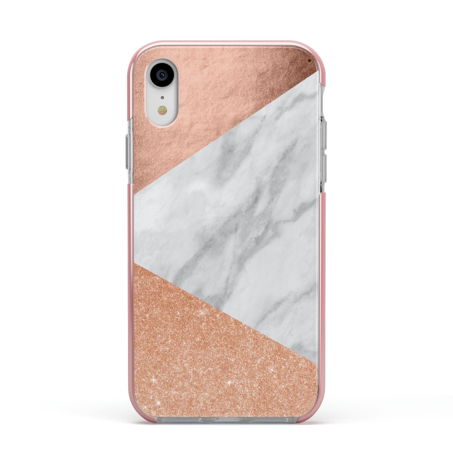 Marble Rose Gold Apple iPhone XR Impact Case Pink Edge on Silver Phone