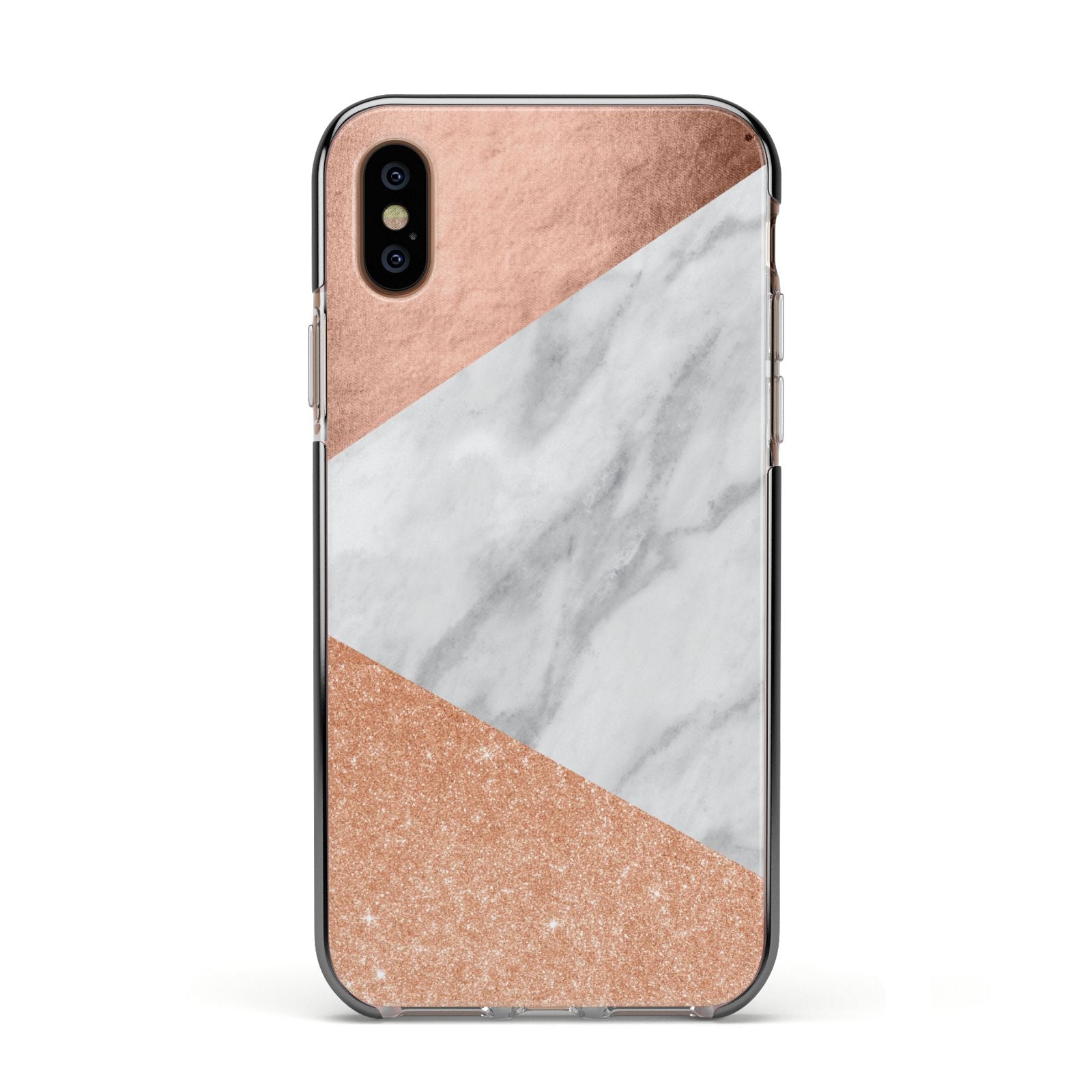 Marble Rose Gold Apple iPhone Xs Impact Case Black Edge on Gold Phone