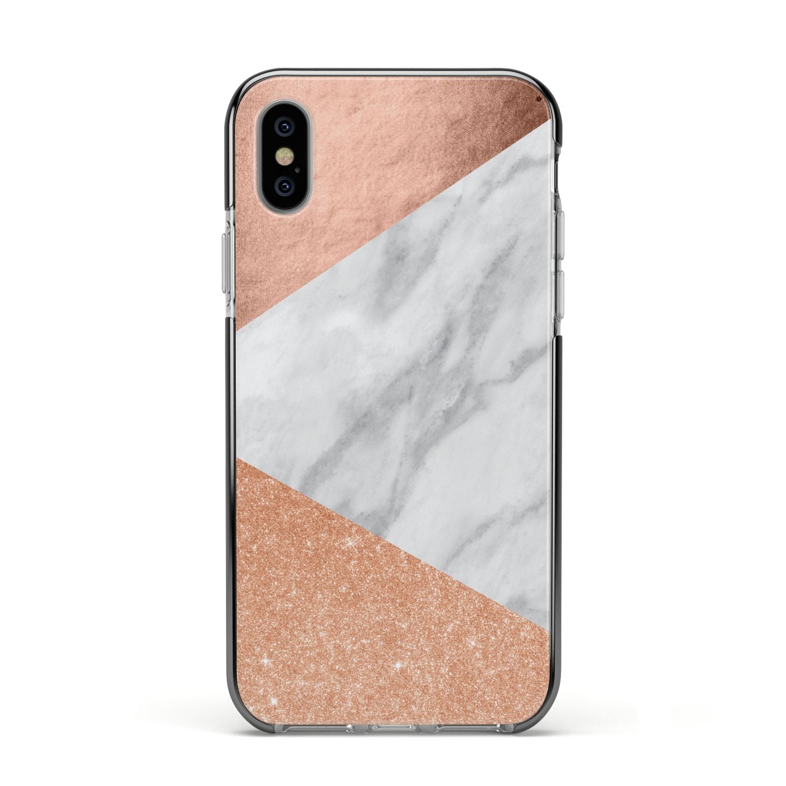 Marble Rose Gold Apple iPhone Xs Impact Case Black Edge on Silver Phone