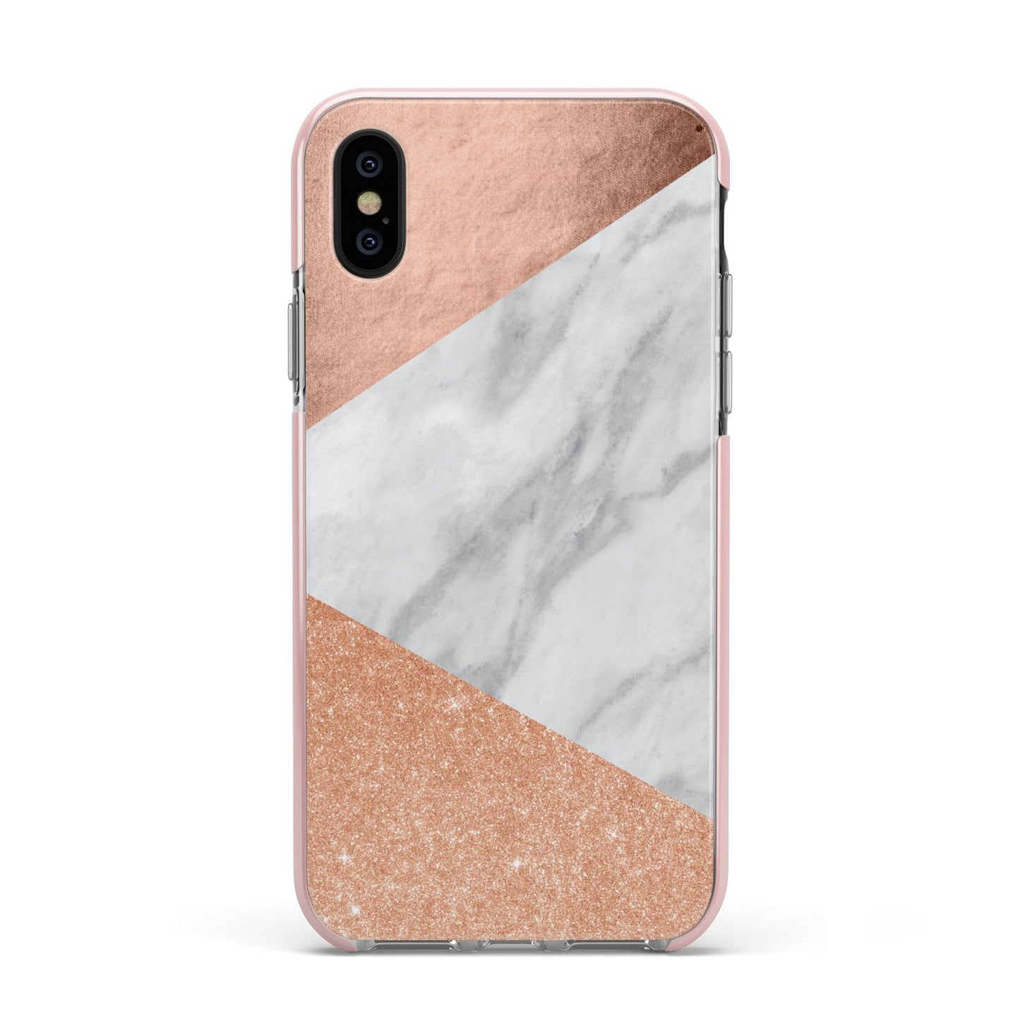Marble Rose Gold Apple iPhone Xs Impact Case Pink Edge on Black Phone