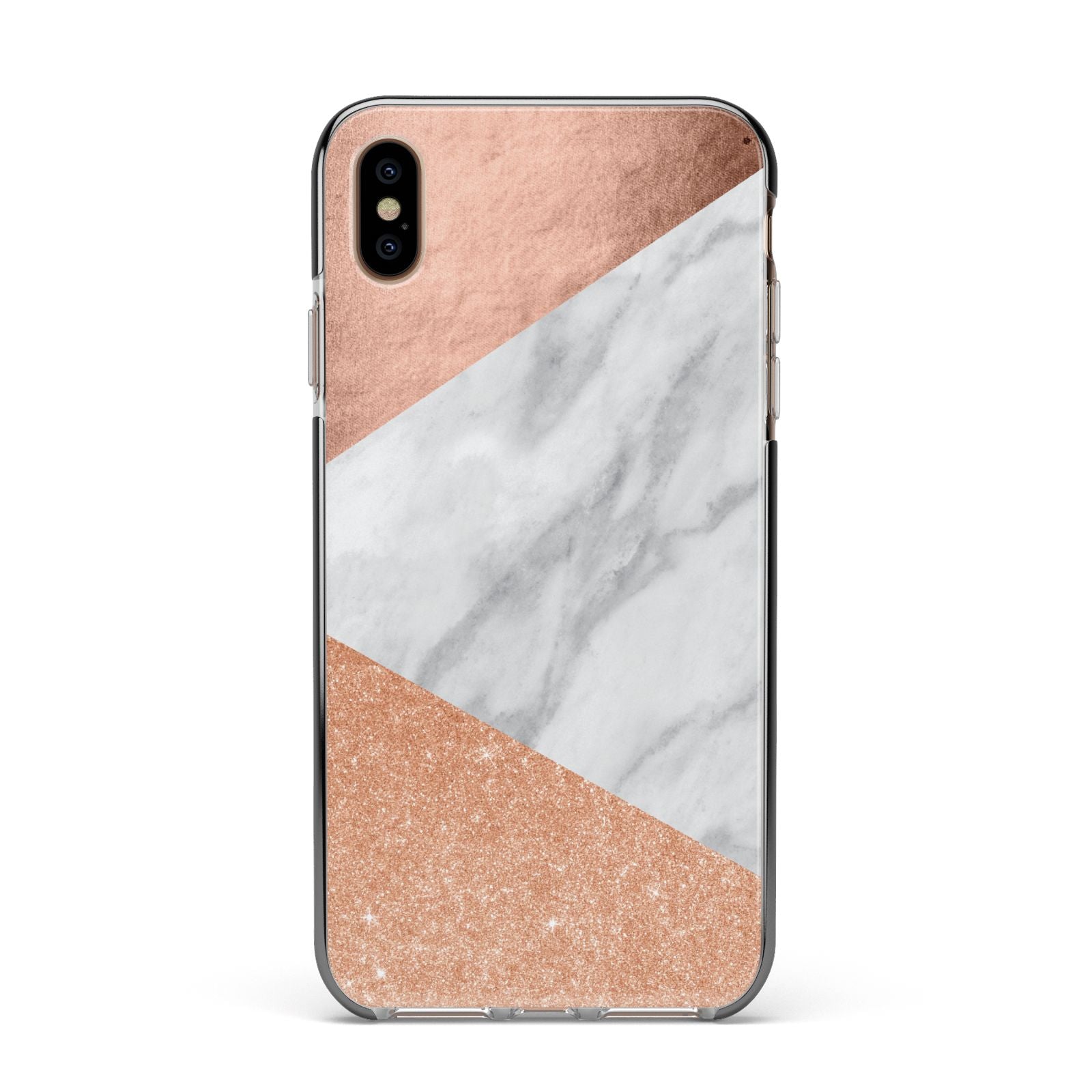 Marble Rose Gold Apple iPhone Xs Max Impact Case Black Edge on Gold Phone