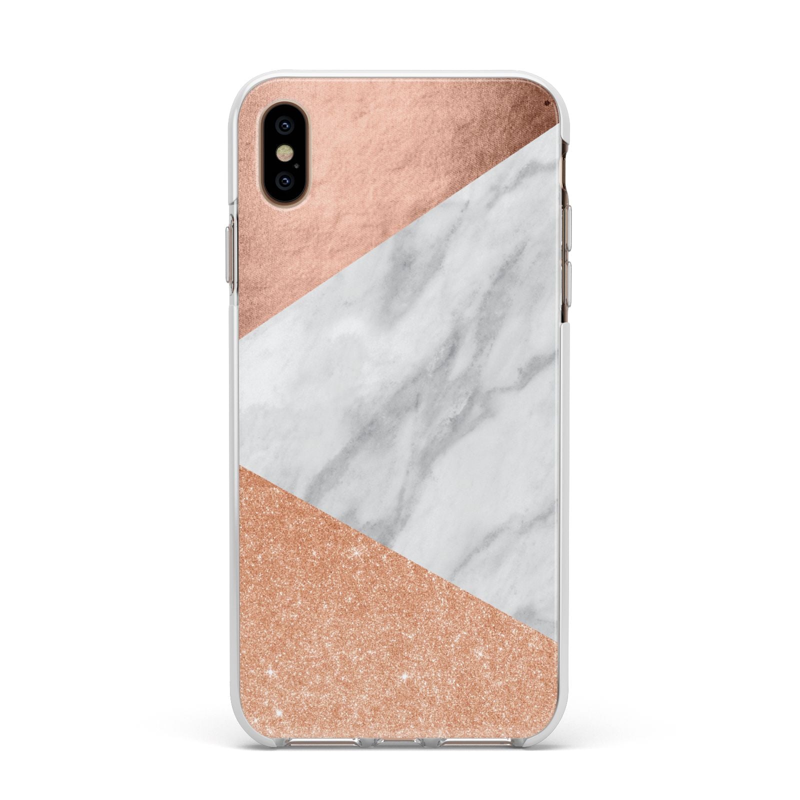 Marble Rose Gold Apple iPhone Xs Max Impact Case White Edge on Gold Phone